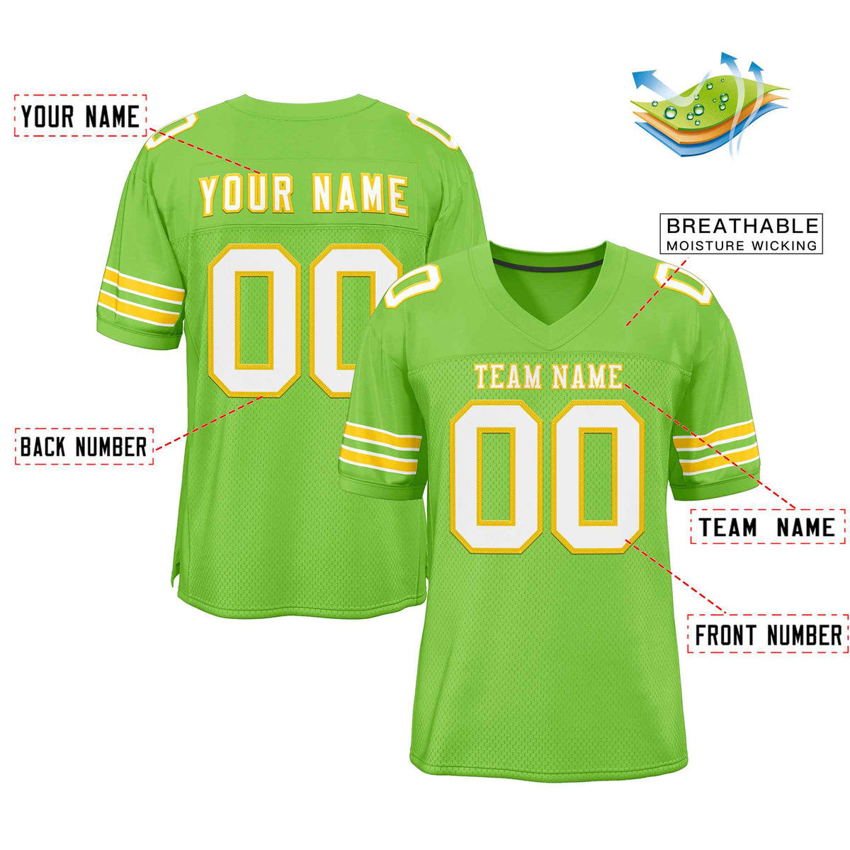 Custom Neon Green White-Gold Classic Style Authentic American Football Jersey| KXKSHOP