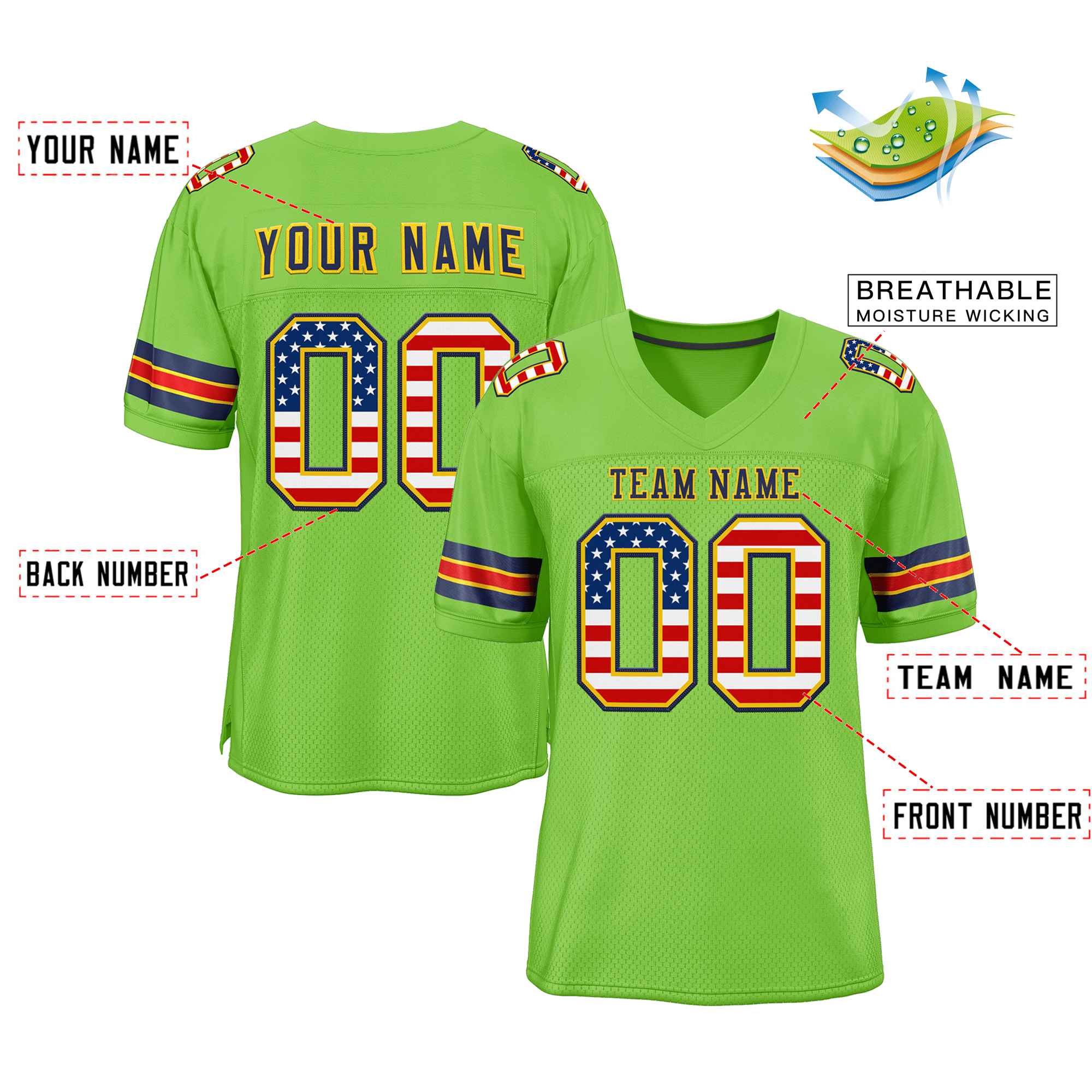 Custom Neon Green Navy-Gold Classic Style Authentic American Football Jersey| KXKSHOP