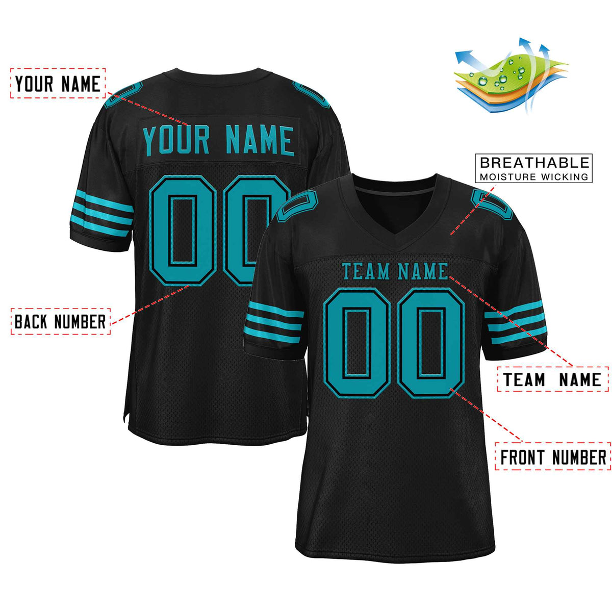 Custom Black Aqua-Black Classic Style Authentic American Football Jersey| KXKSHOP