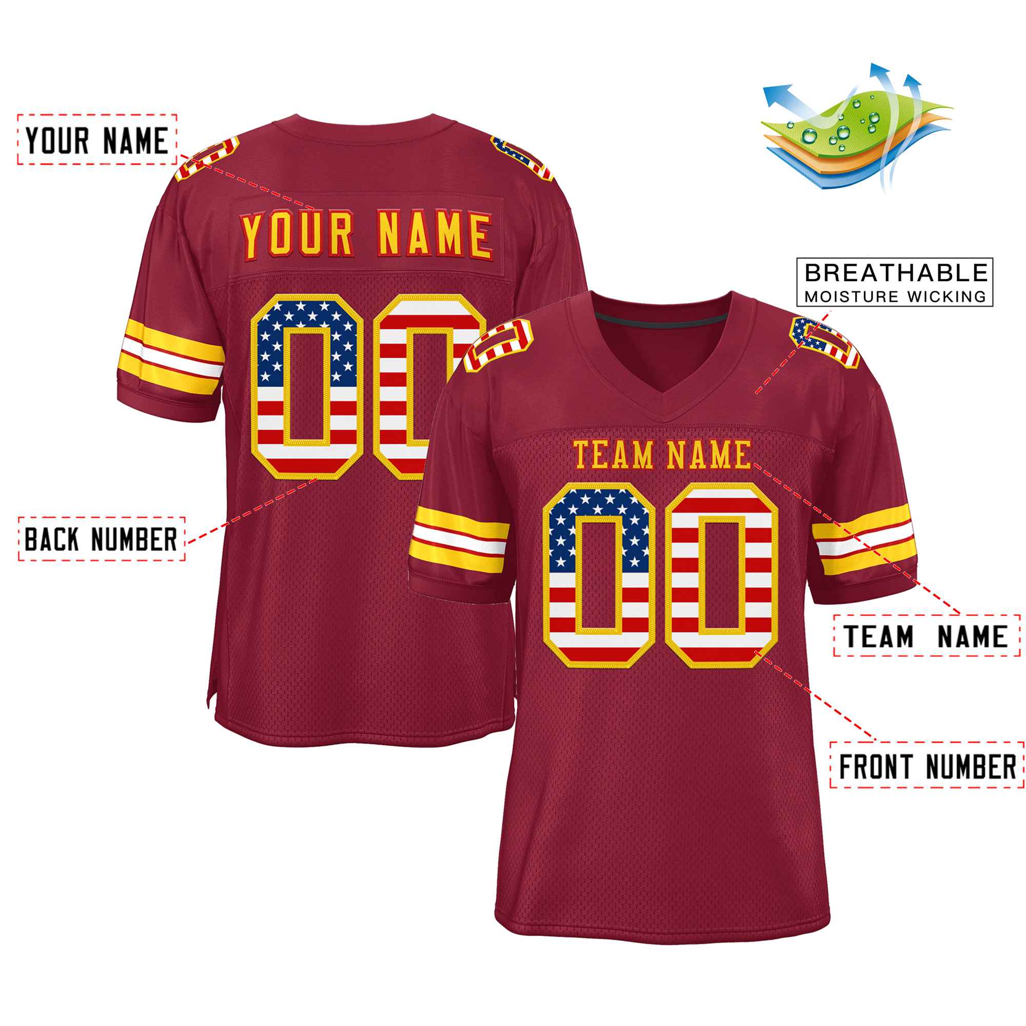 Custom Burgundy Gold-Red Classic Style Authentic American Football Jersey| KXKSHOP