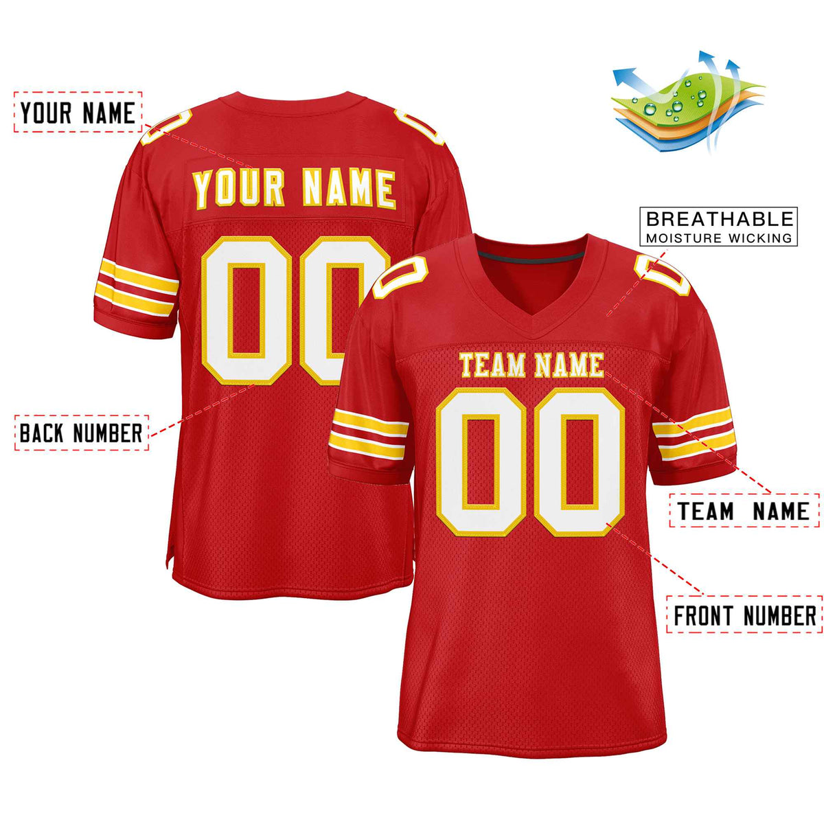 Custom Red White-Gold Classic Style Authentic American Football Jersey| KXKSHOP