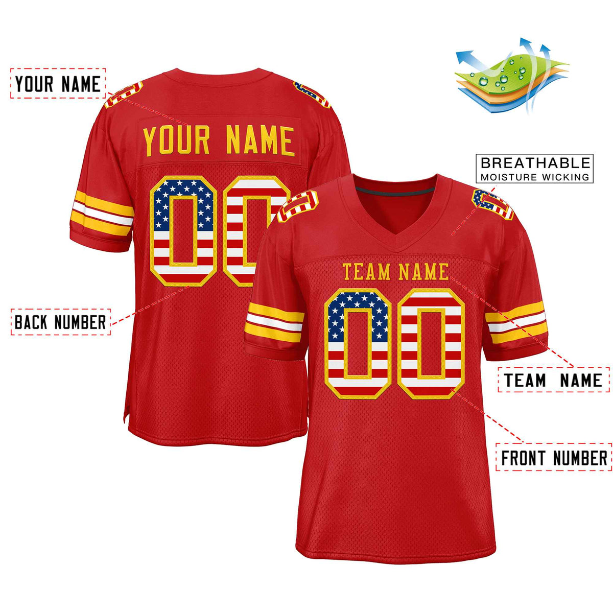 Custom Red Gold-Red Classic Style Authentic American Football Jersey| KXKSHOP