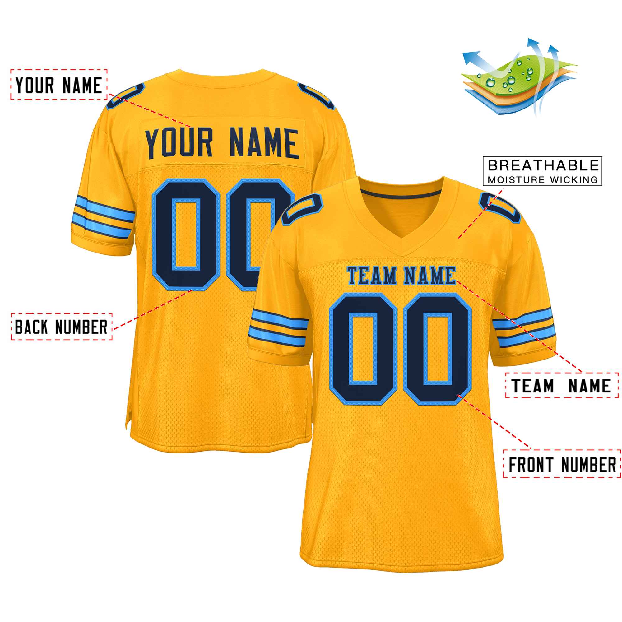 Custom Gold Navy-Light Blue Classic Style Authentic American Football Jersey| KXKSHOP