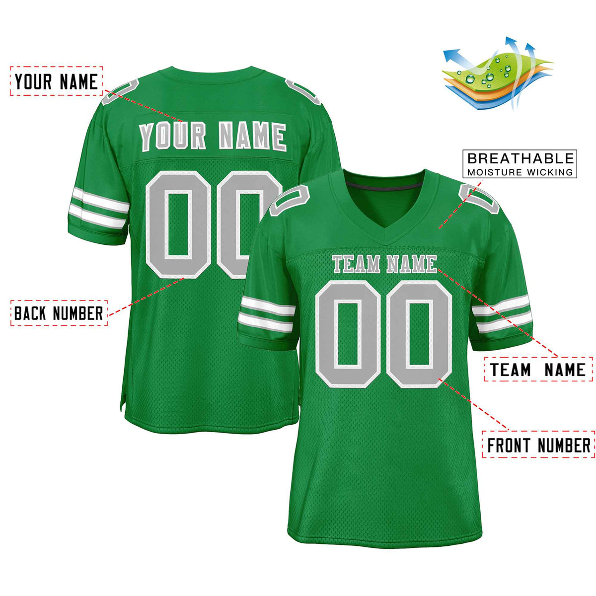 Custom Kelly Green Gray-White Classic Style Authentic American Football Jersey| KXKSHOP