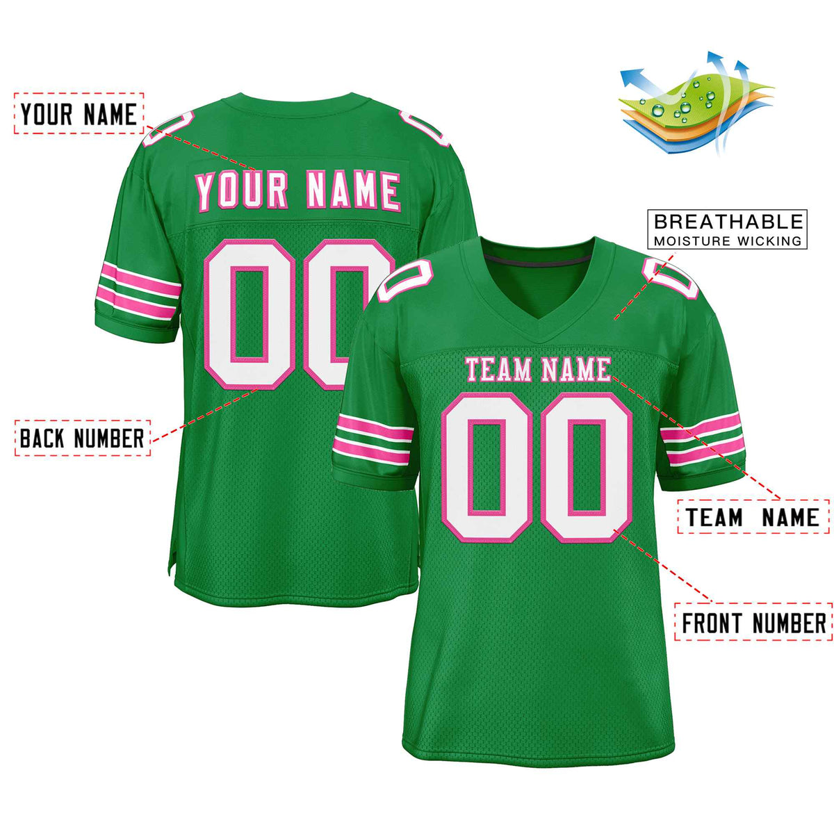 Custom Kelly Green White-Pink Classic Style Authentic American Football Jersey| KXKSHOP