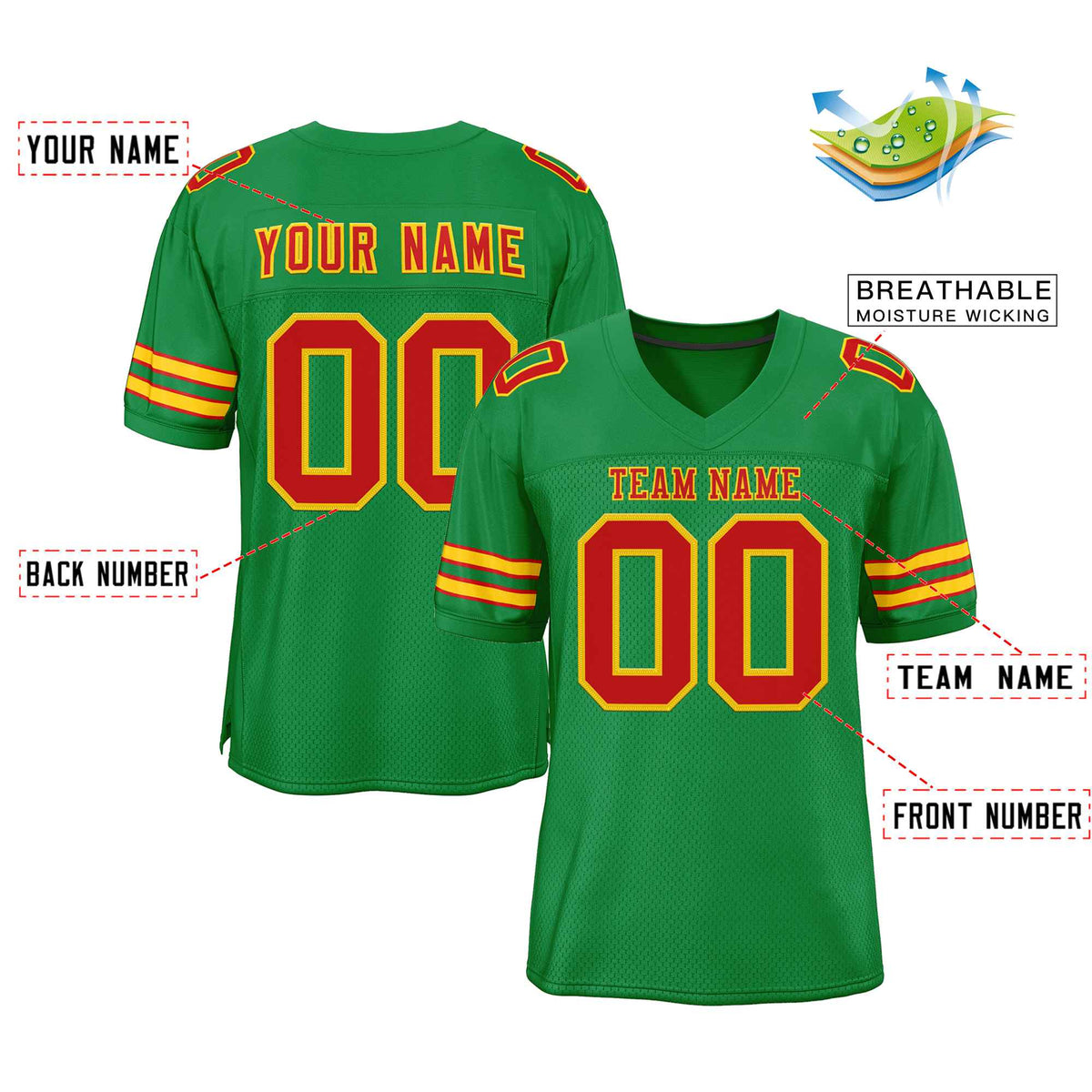 Custom Kelly Green Red-Gold Classic Style Authentic American Football Jersey| KXKSHOP