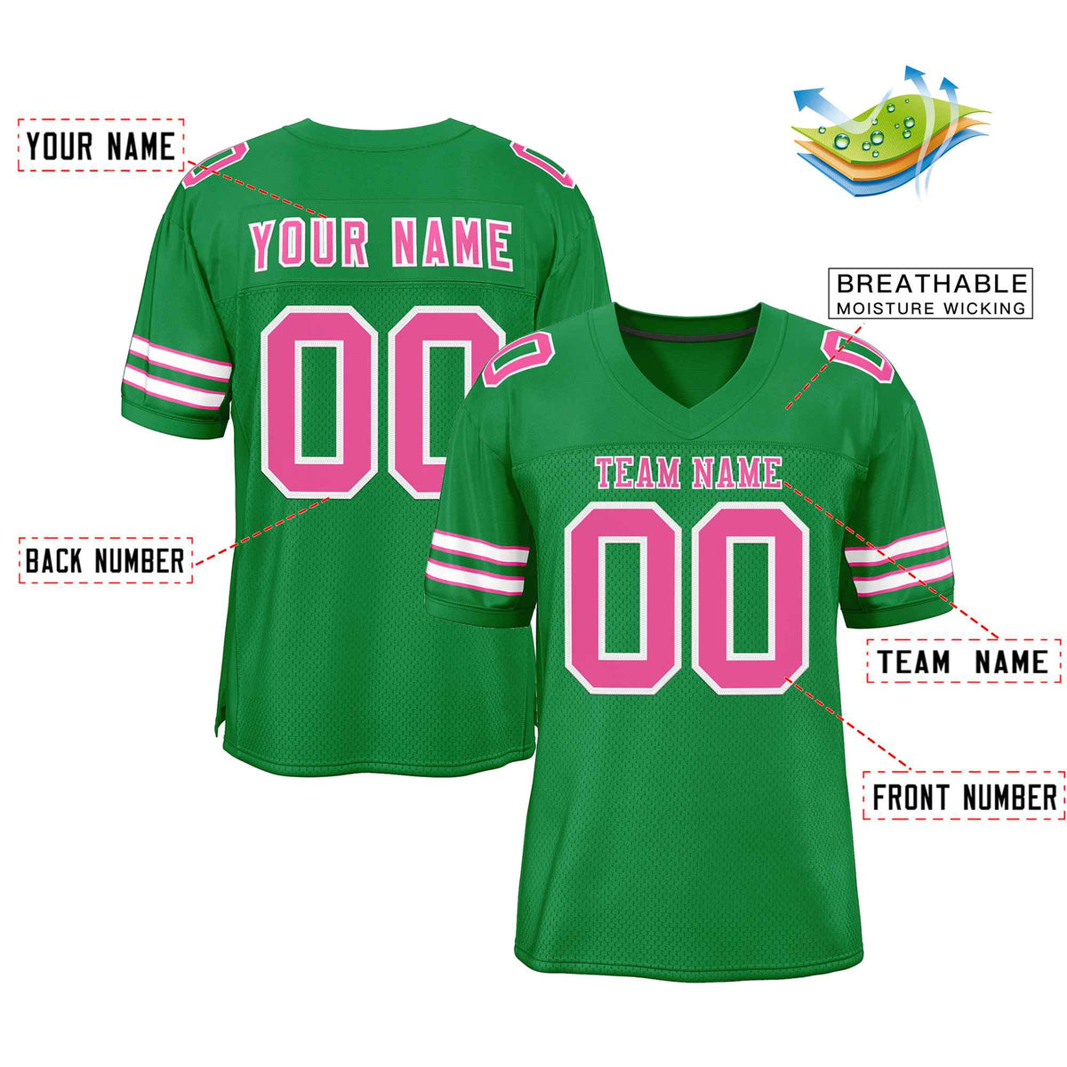 Custom Kelly Green Pink-White Classic Style Authentic American Football Jersey| KXKSHOP