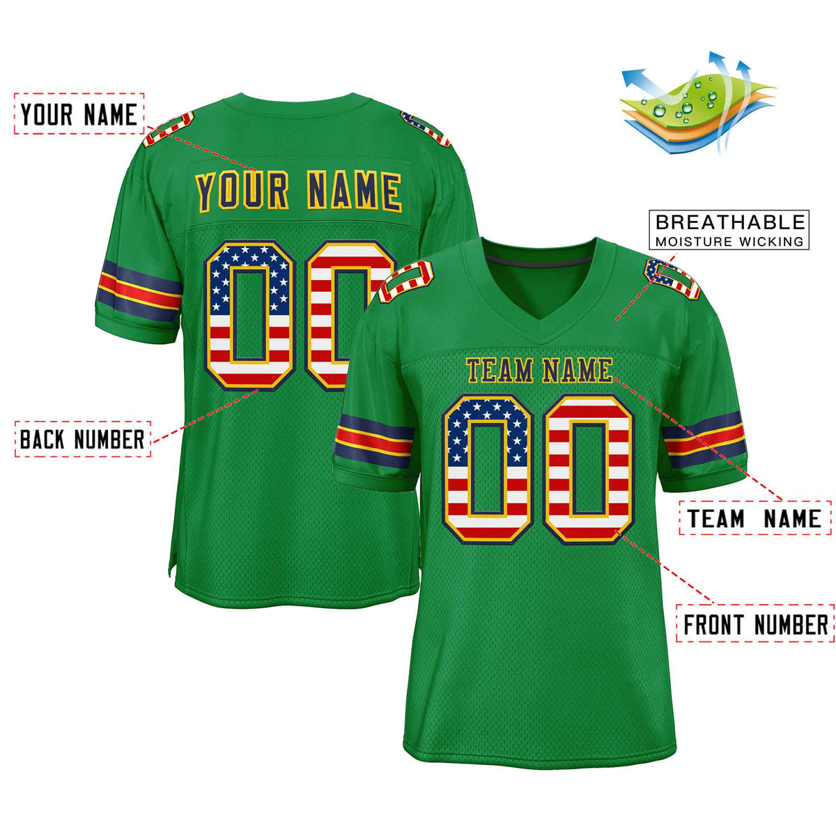 Custom Kelly Green Navy-Gold Classic Style Authentic American Football Jersey| KXKSHOP