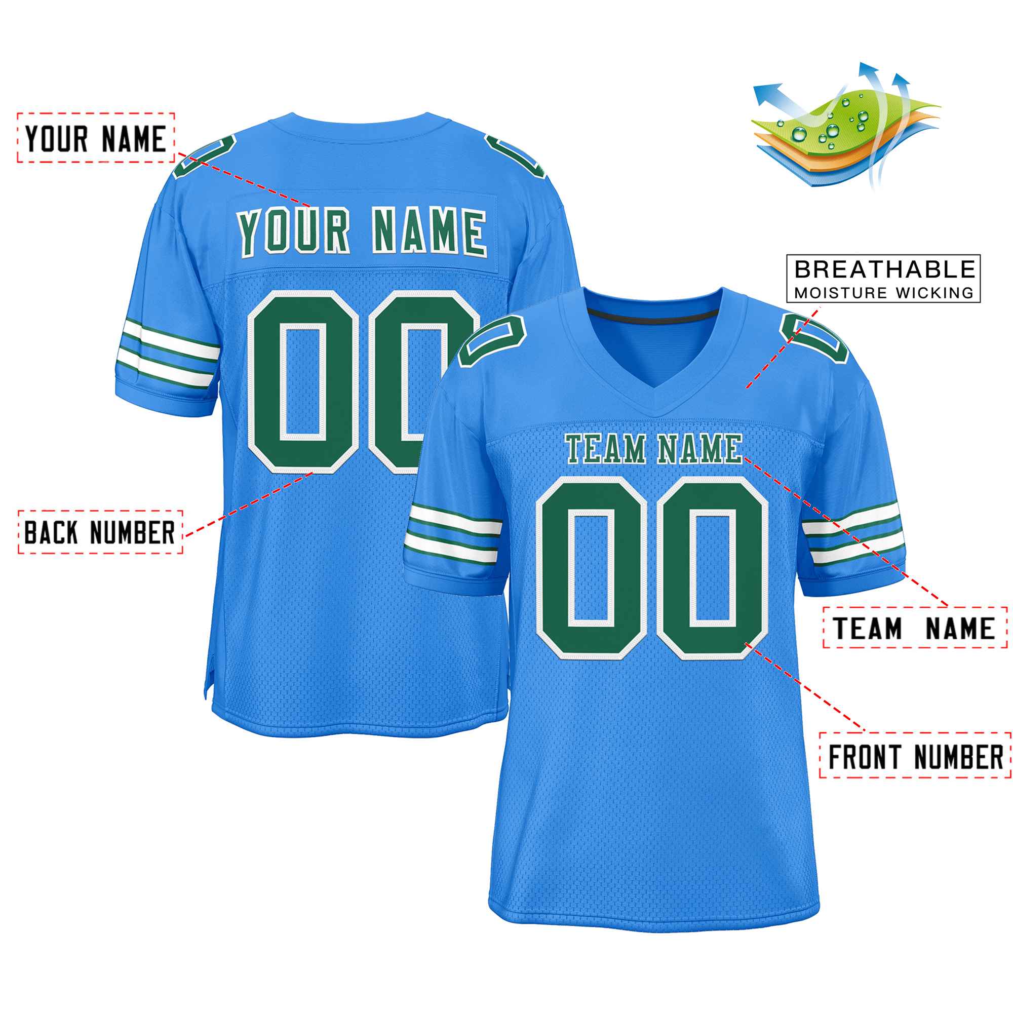 Custom Powder Blue Kelly Green-White Classic Style Authentic American Football Jersey| KXKSHOP