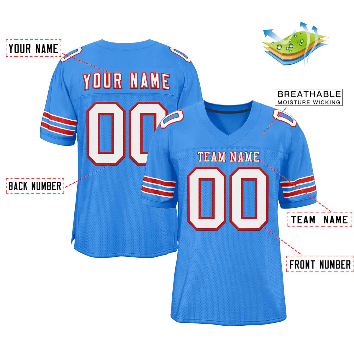 Custom Powder Blue White-Red Classic Style Authentic American Football Jersey| KXKSHOP