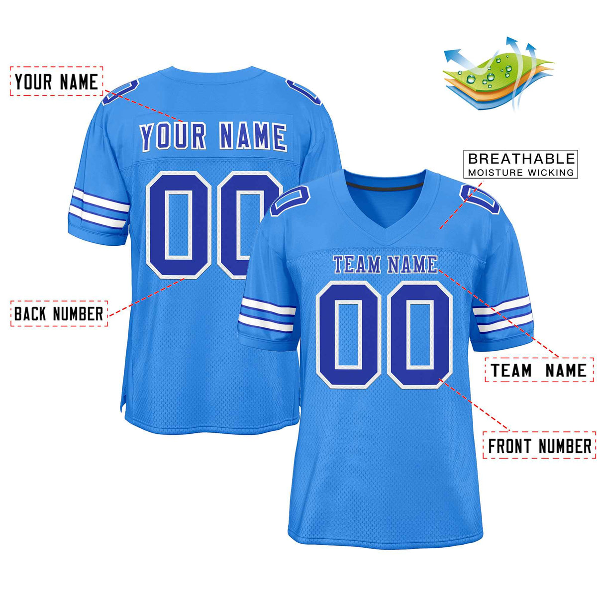 Custom Powder Blue Royal-White Classic Style Authentic American Football Jersey| KXKSHOP