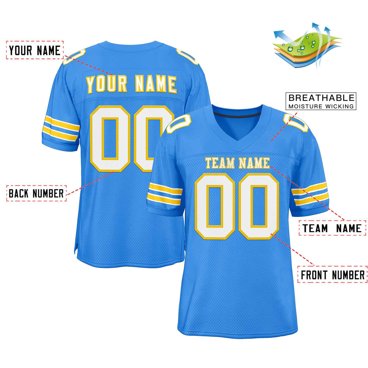 Custom Powder Blue White-Gold Classic Style Authentic American Football Jersey| KXKSHOP