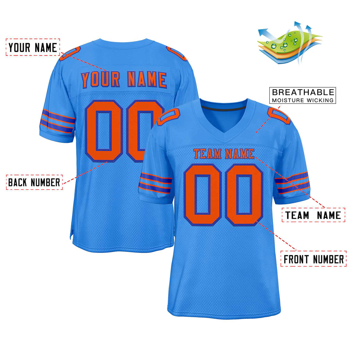 Custom Powder Blue Orange-Royal Classic Style Authentic American Football Jersey| KXKSHOP