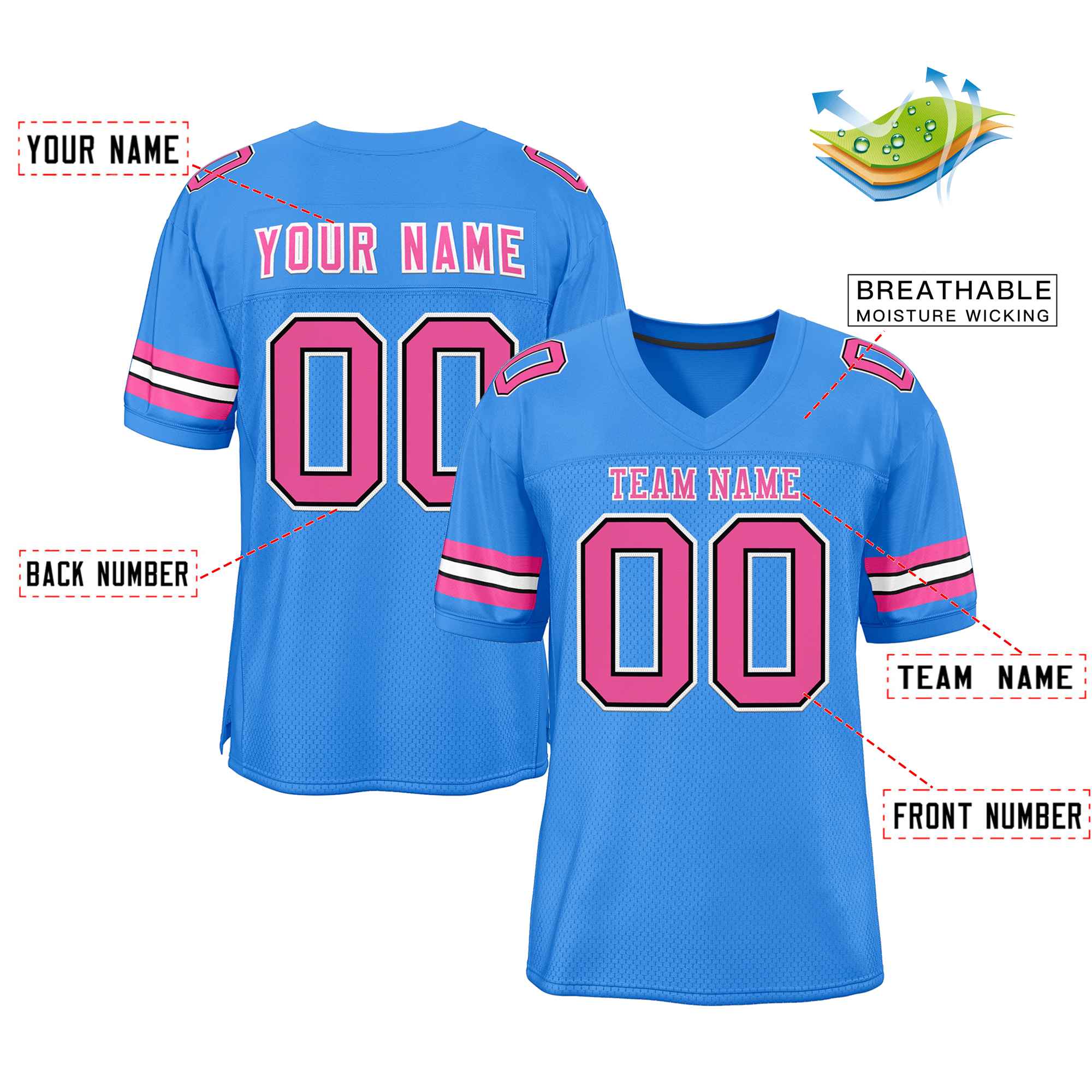 Custom Powder Blue Pink-White Classic Style Authentic American Football Jersey| KXKSHOP