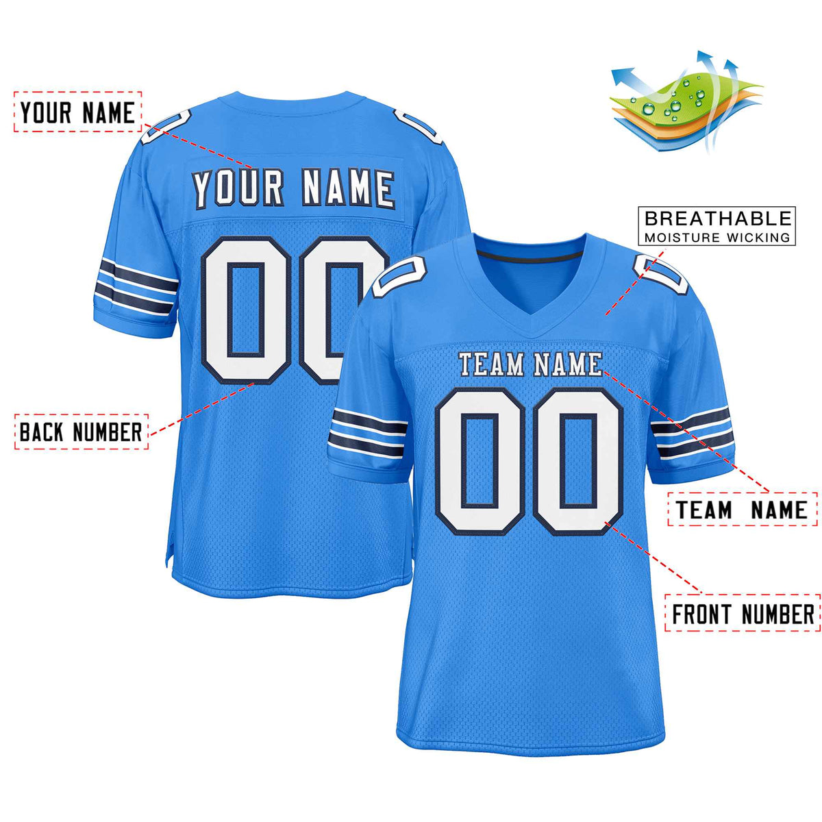 Custom Powder Blue White-Navy Classic Style Authentic American Football Jersey| KXKSHOP