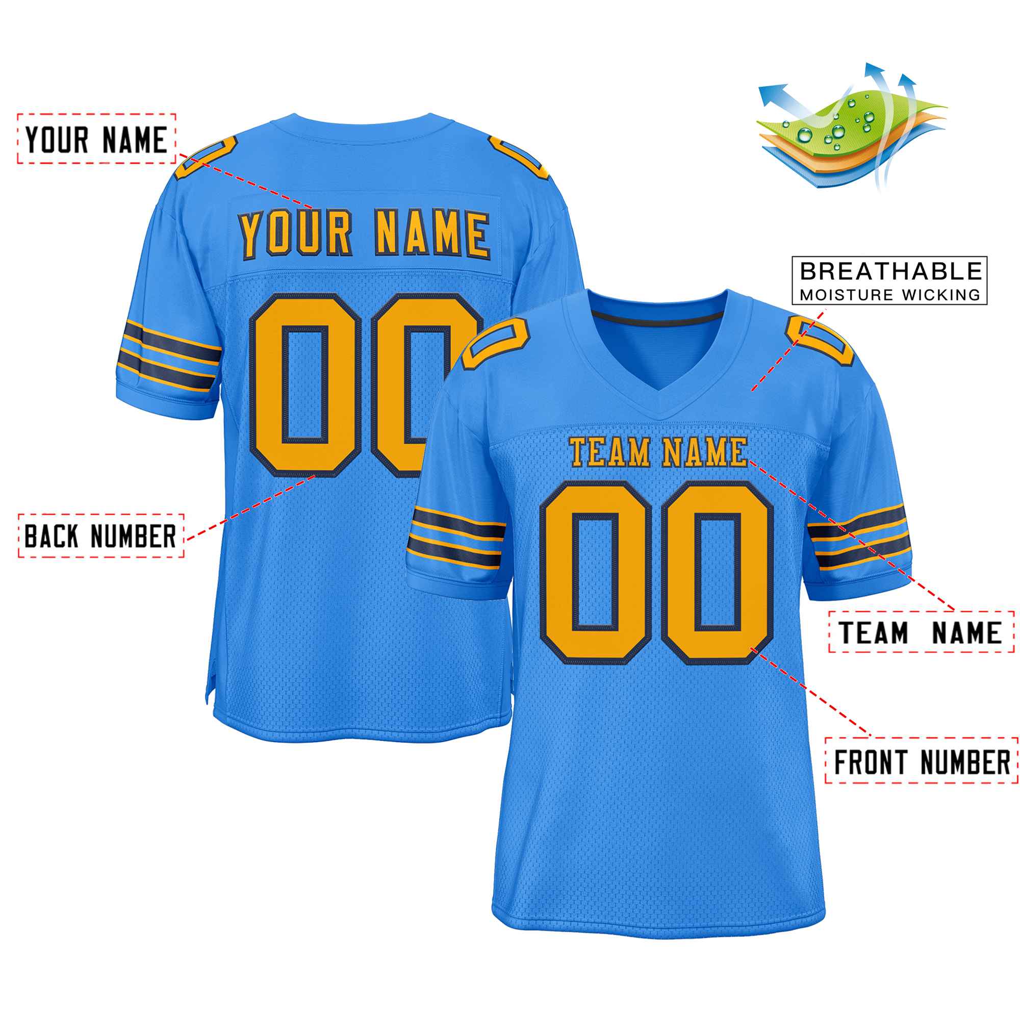 Custom Powder Blue Yellow-Navy Classic Style Authentic American Football Jersey| KXKSHOP