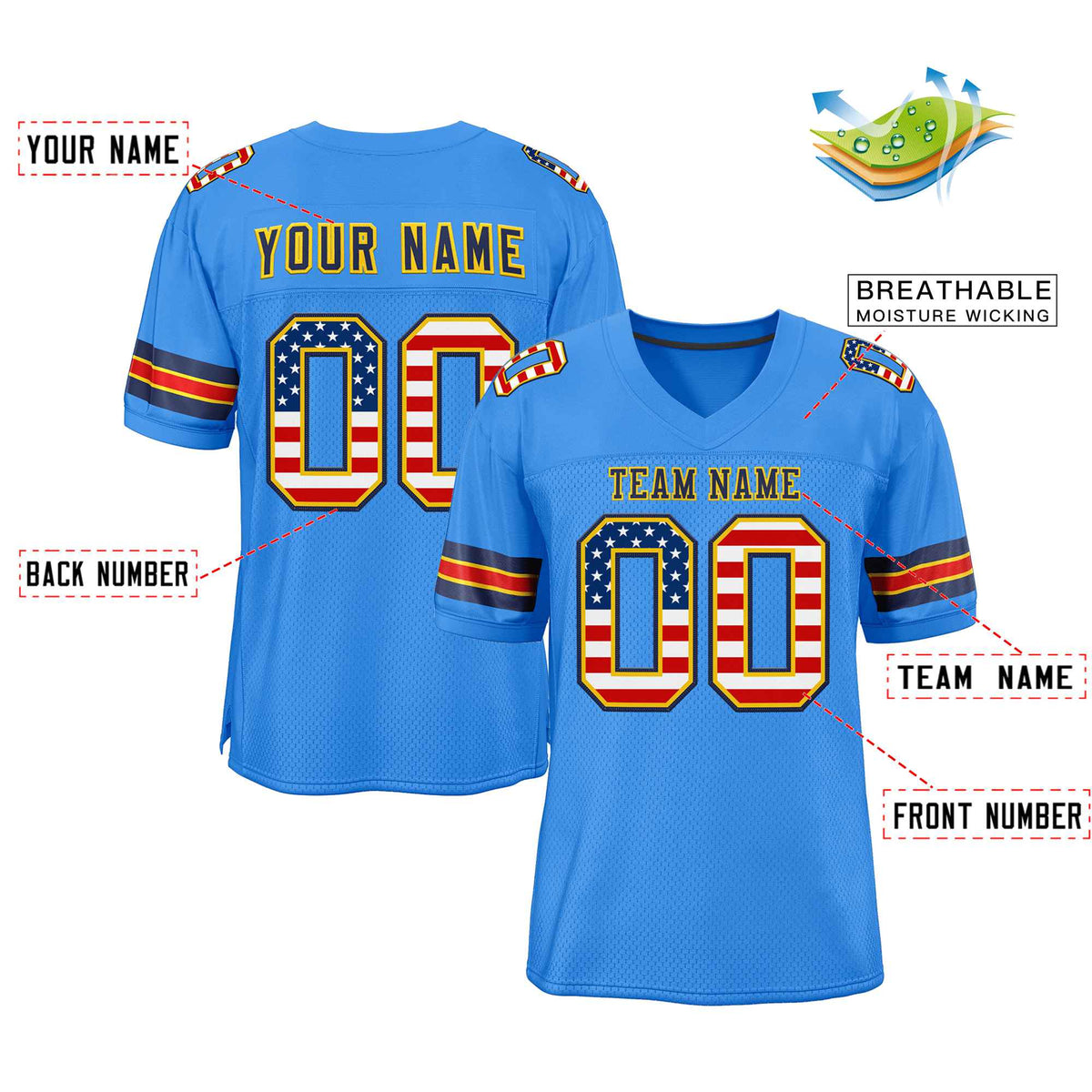 Custom Powder Blue Navy-Gold Classic Style Authentic American Football Jersey| KXKSHOP