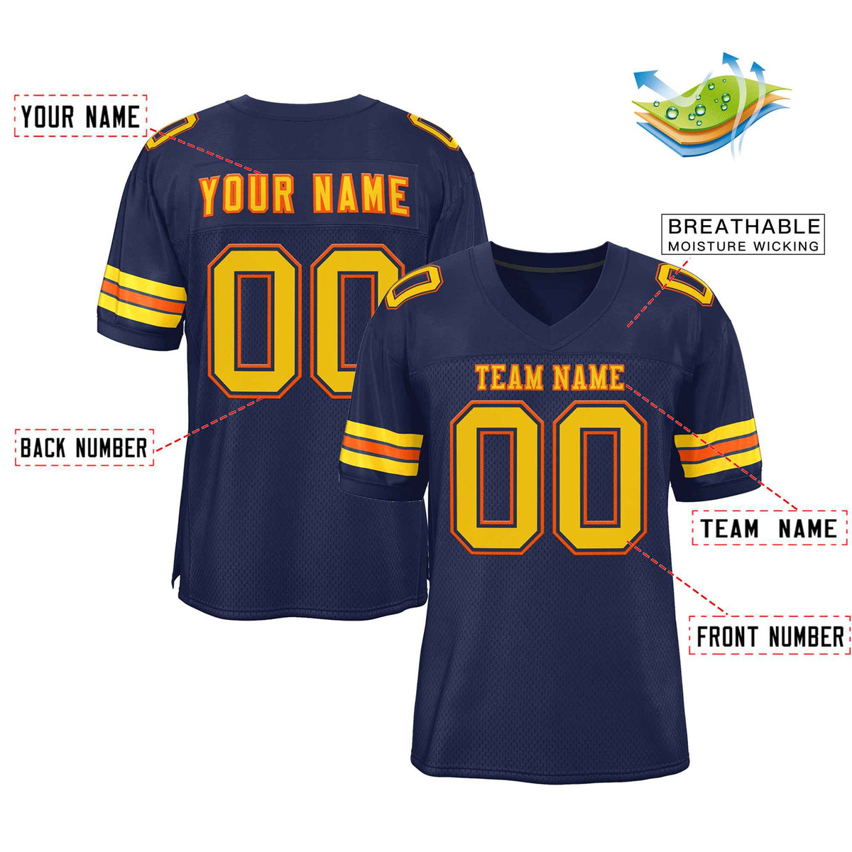 Custom Navy Gold-Orange Classic Style Authentic American Football Jersey| KXKSHOP