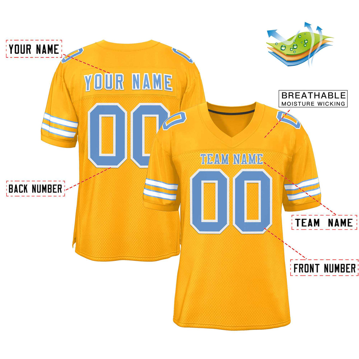 Custom Gold Light Blue-White Classic Style Authentic American Football Jersey| KXKSHOP