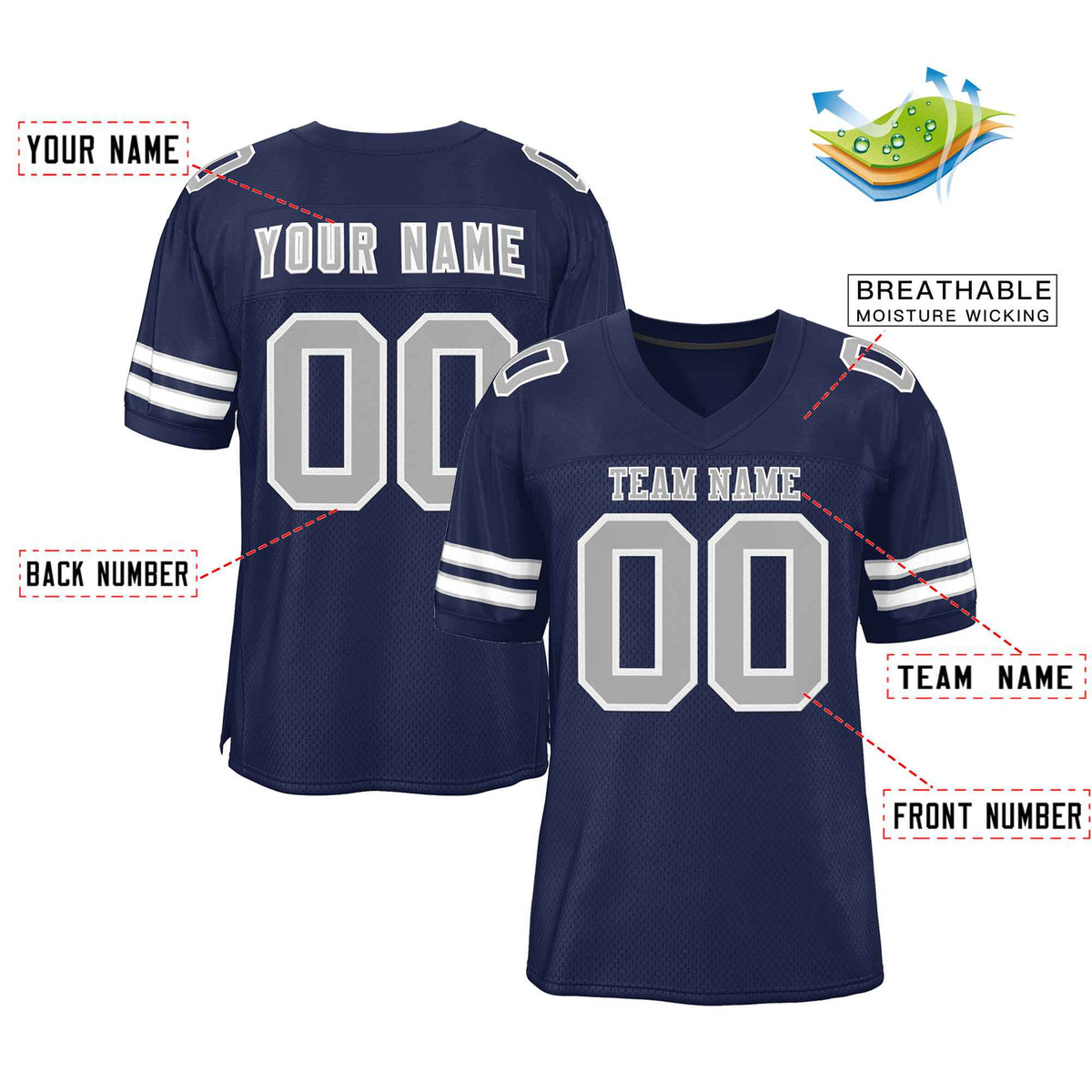 Custom Navy Gray-White Classic Style Authentic American Football Jersey| KXKSHOP