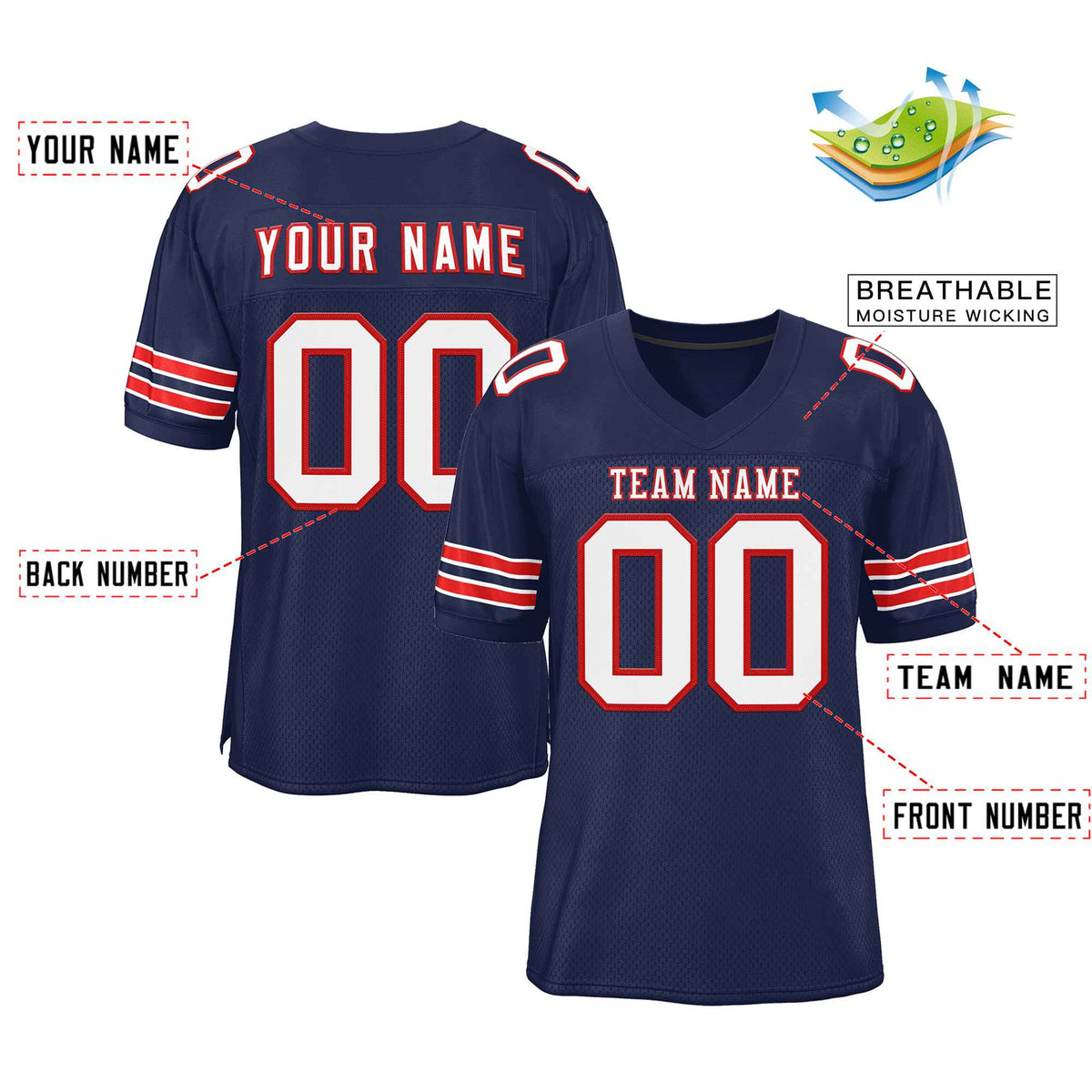 Custom Navy White-Red Classic Style Authentic American Football Jersey| KXKSHOP