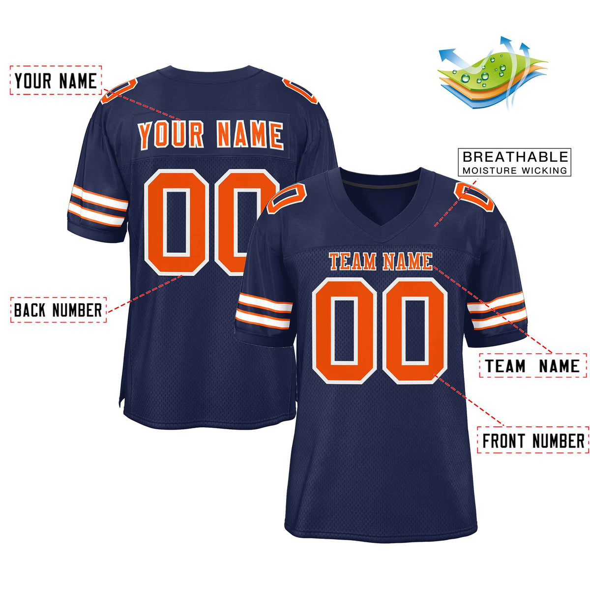 Custom Navy Orange-White Classic Style Authentic American Football Jersey| KXKSHOP