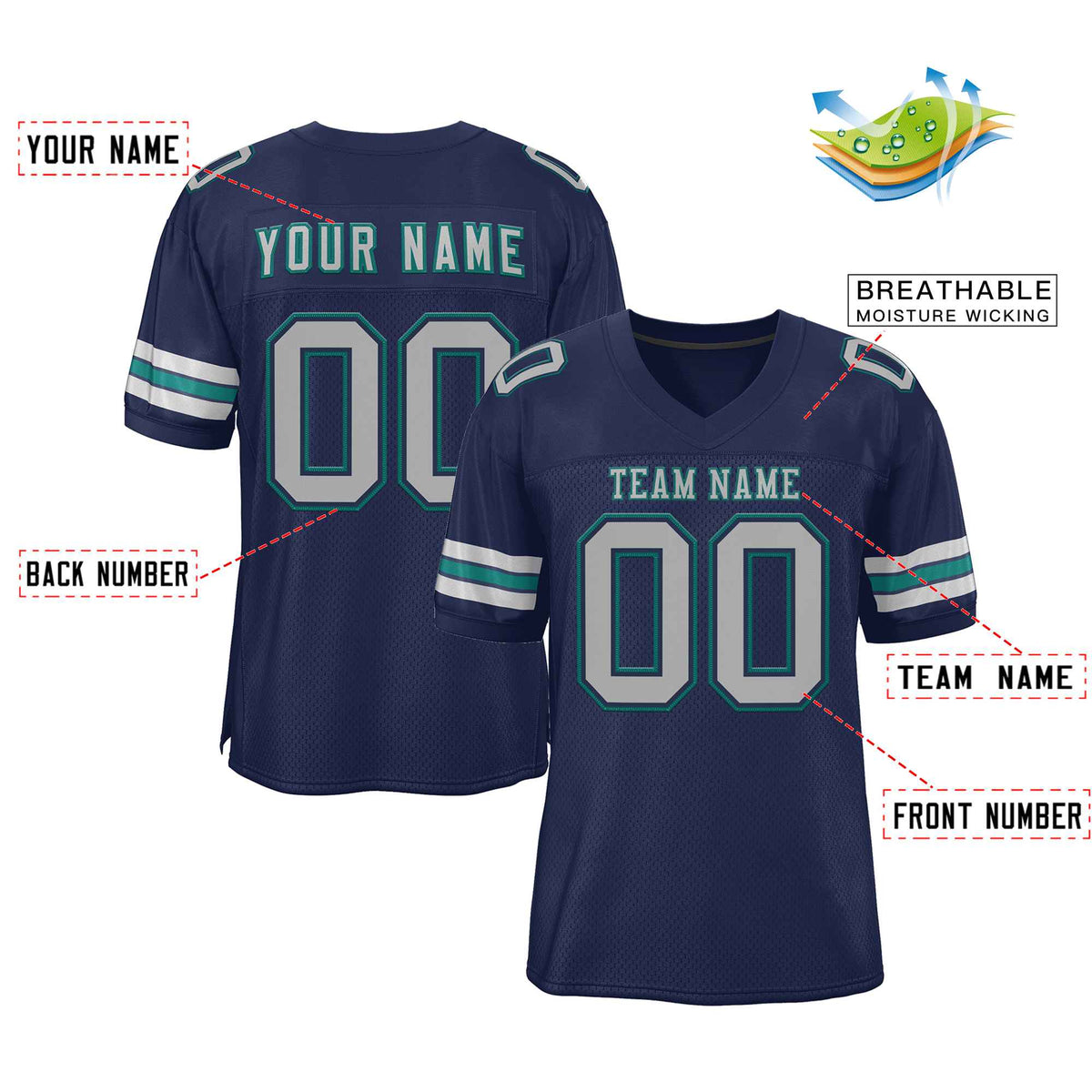 Custom Navy Gray-Aqua Classic Style Authentic American Football Jersey| KXKSHOP