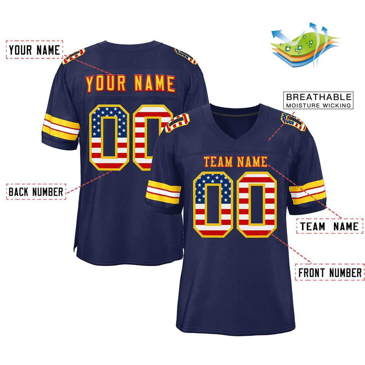 Custom Navy Gold-Red Classic Style Authentic American Football Jersey| KXKSHOP