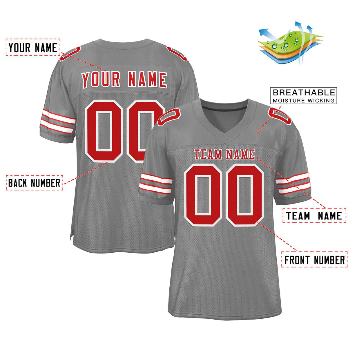 Custom Gray Red-White Classic Style Authentic American Football Jersey| KXKSHOP