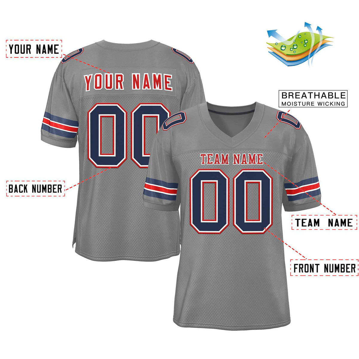 Custom Gray Red-White Classic Style Authentic American Football Jersey| KXKSHOP