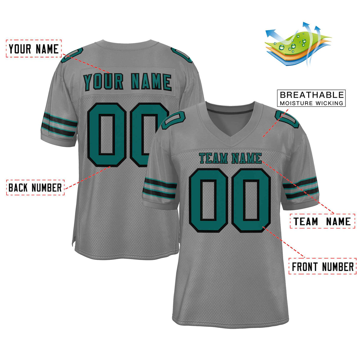 Custom Gray Aqua-Black Classic Style Authentic American Football Jersey| KXKSHOP