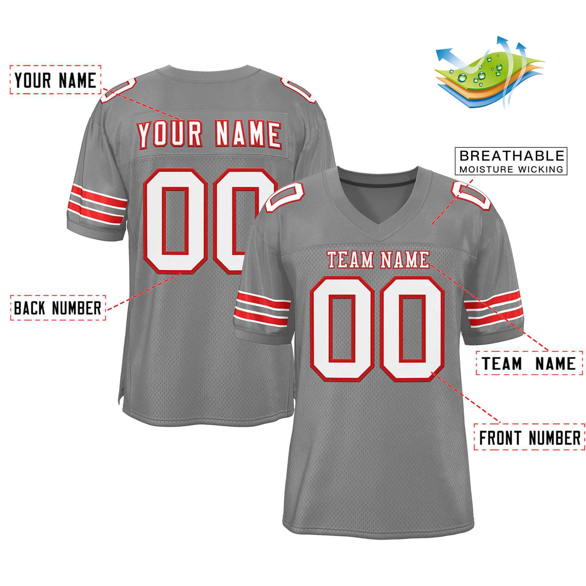 Custom Gray White-Red Classic Style Authentic American Football Jersey| KXKSHOP