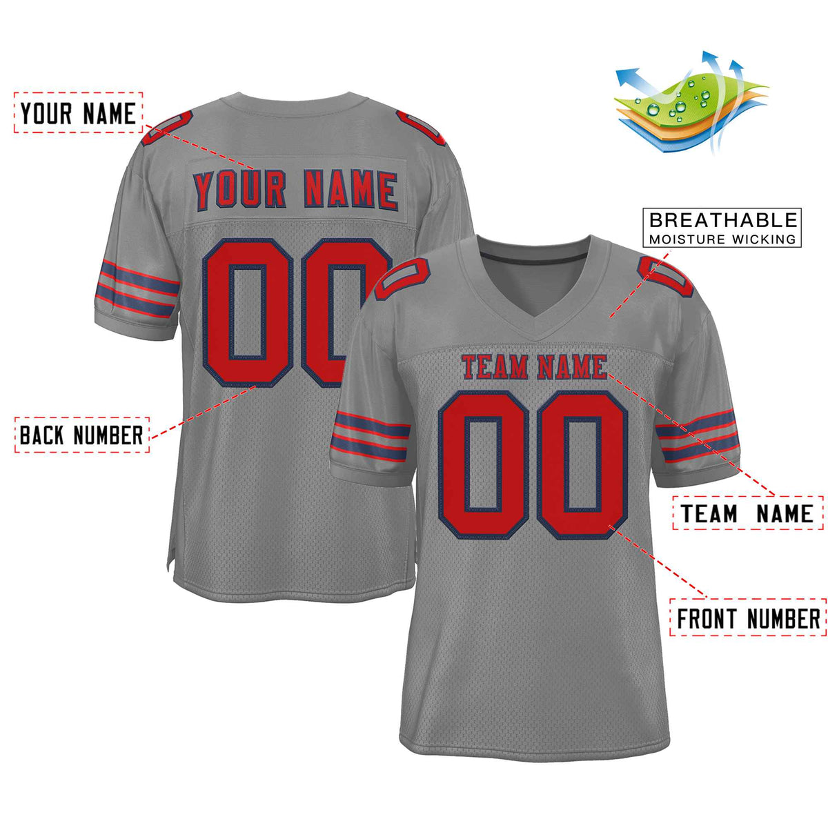 Custom Gray Red-Navy Classic Style Authentic American Football Jersey| KXKSHOP