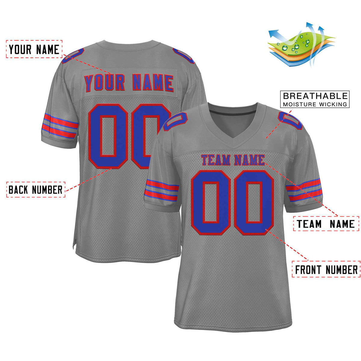 Custom Gray Royal-Red Classic Style Authentic American Football Jersey| KXKSHOP