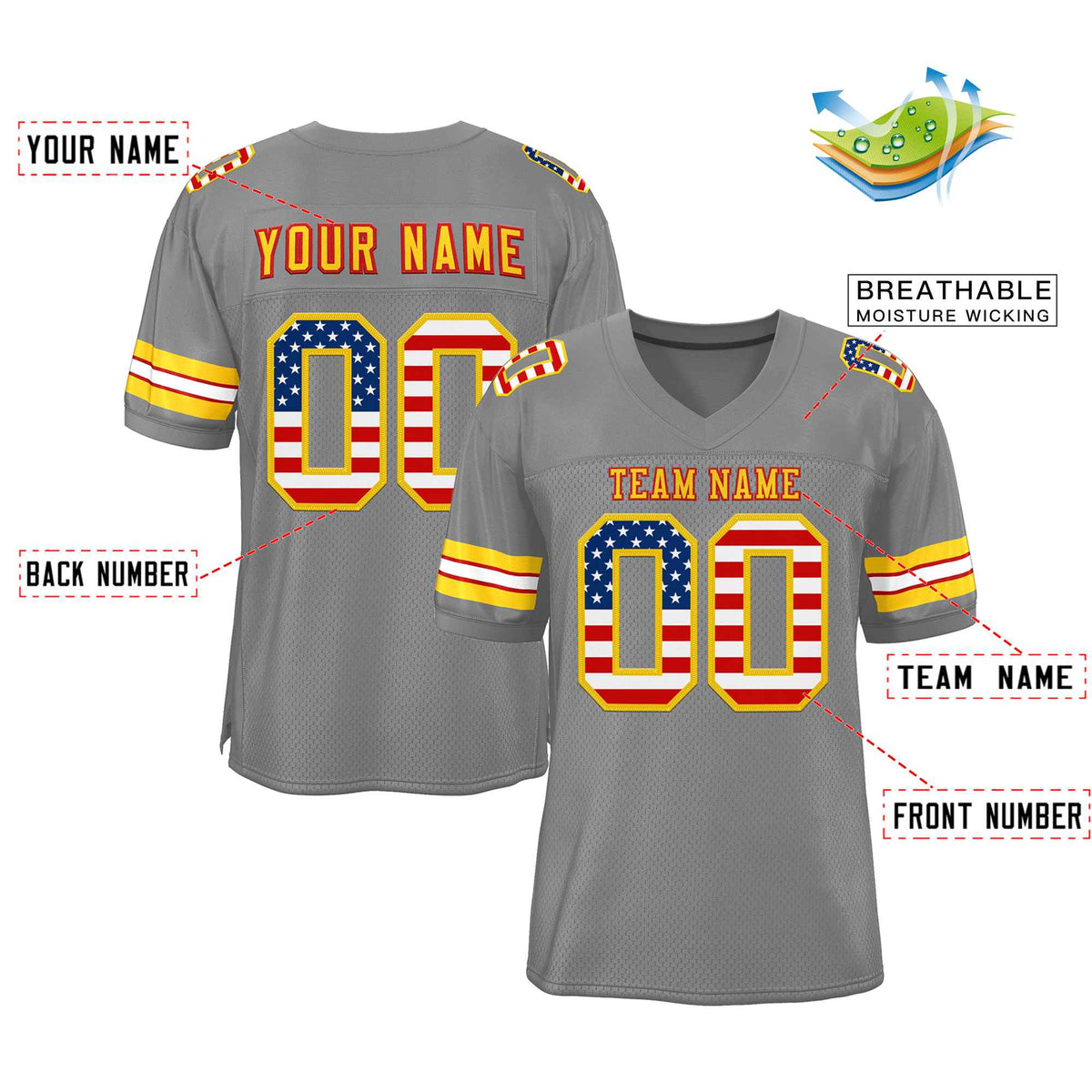 Custom Gray Gold-Red Classic Style Authentic American Football Jersey| KXKSHOP