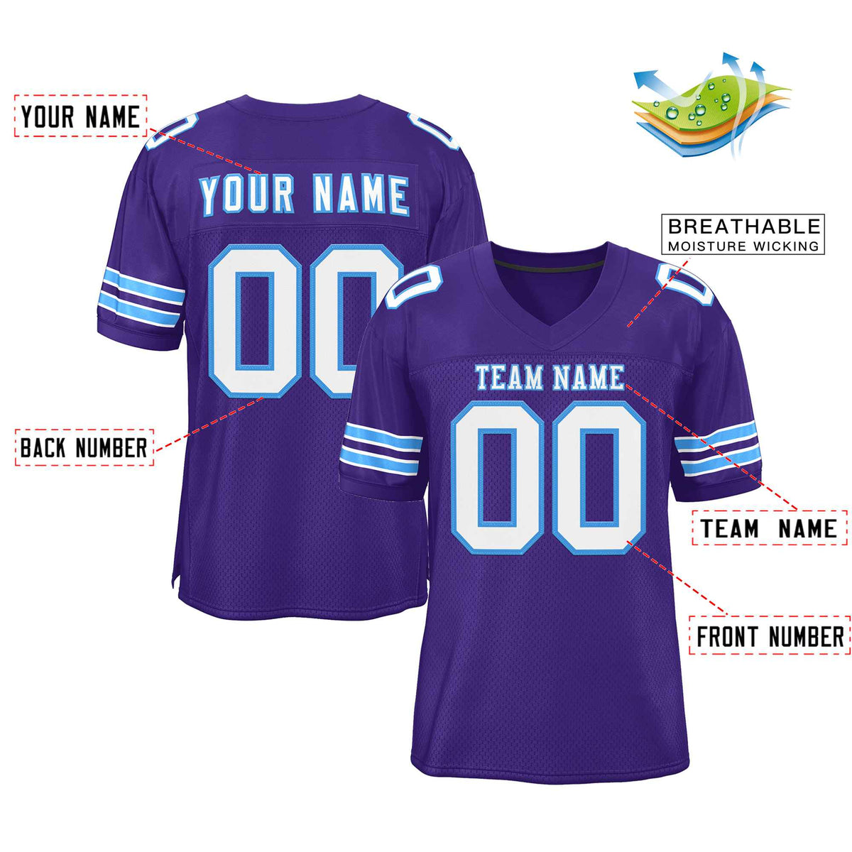 Custom Purple White-Powder Blue Classic Style Authentic American Football Jersey| KXKSHOP