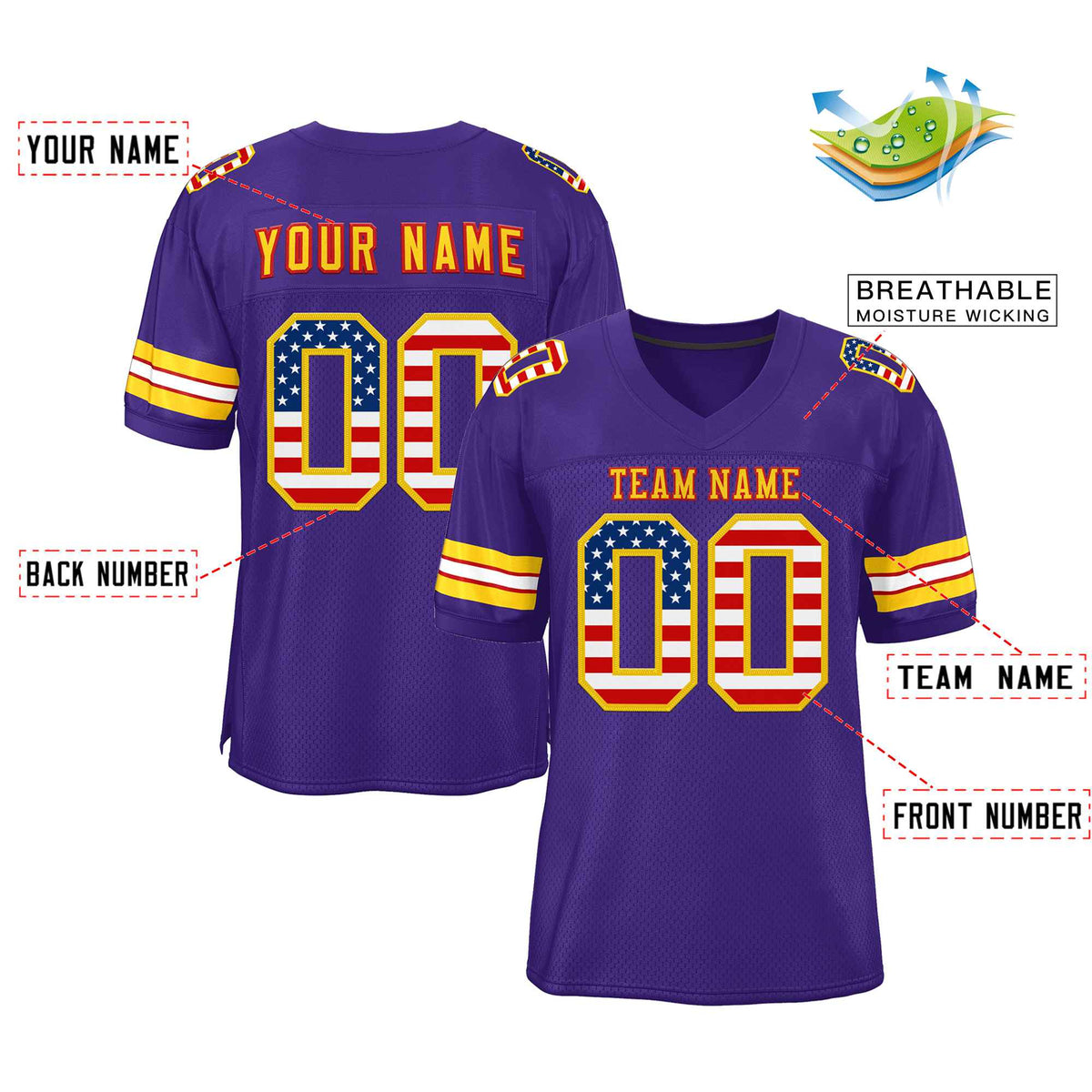 Custom Purple Gold-Red Classic Style Authentic American Football Jersey| KXKSHOP