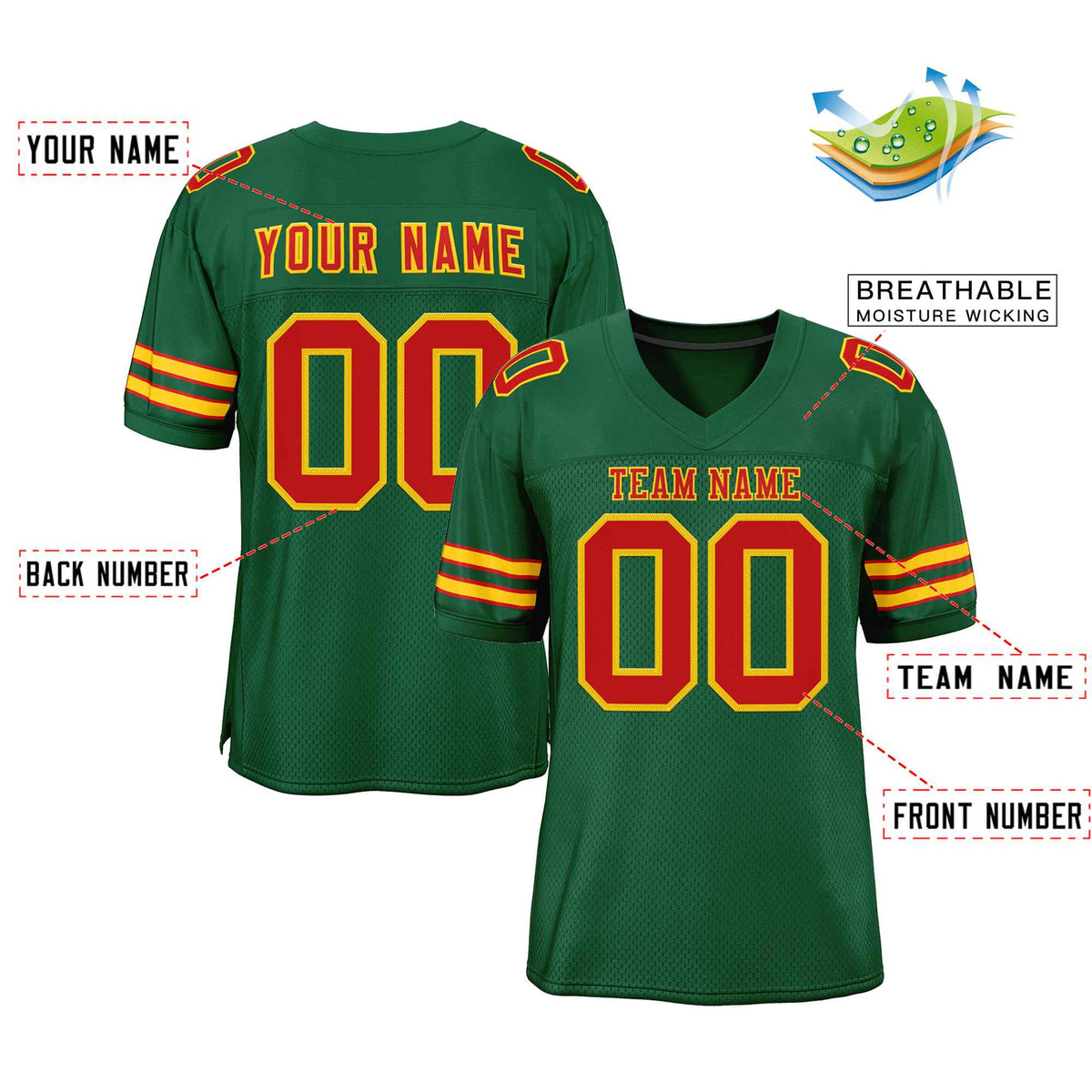 Custom Green Red-Gold Classic Style Authentic American Football Jersey| KXKSHOP
