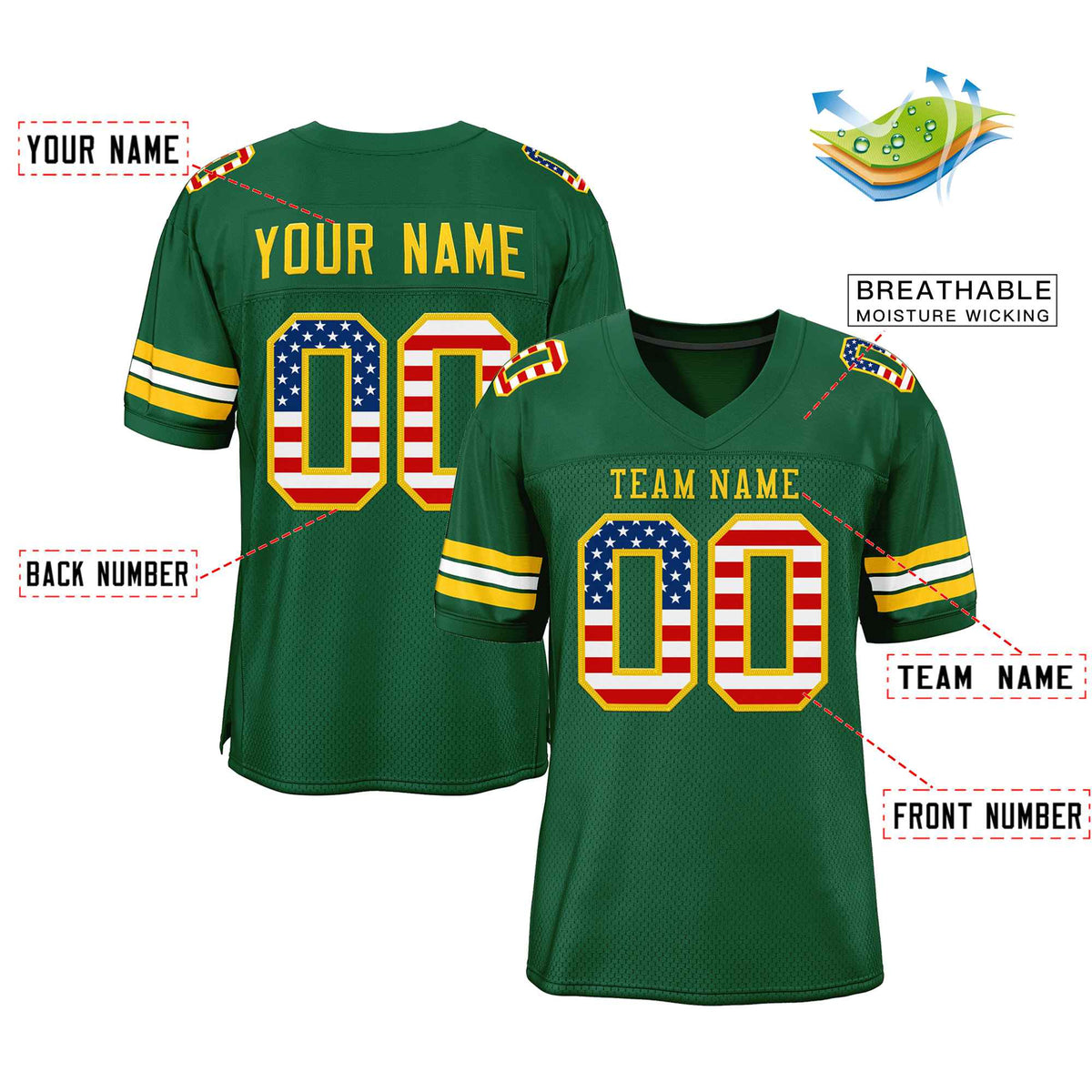Custom Green Gold-Red Classic Style Authentic American Football Jersey| KXKSHOP