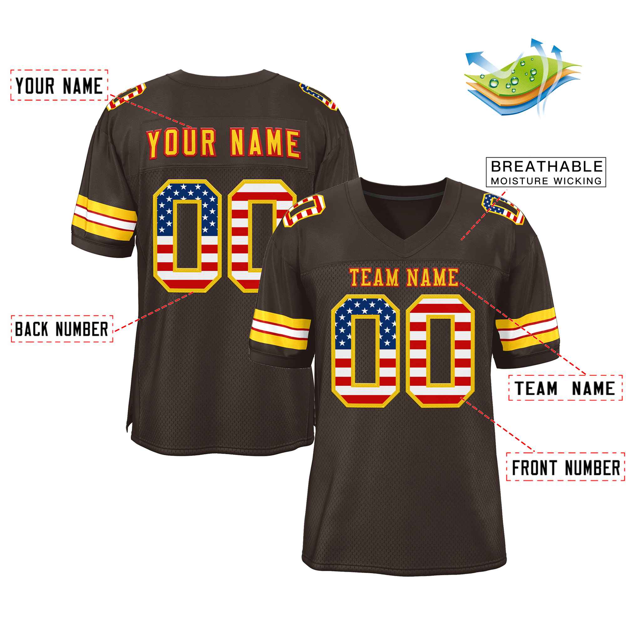 Custom Brown Gold-Red Classic Style Authentic American Football Jersey| KXKSHOP