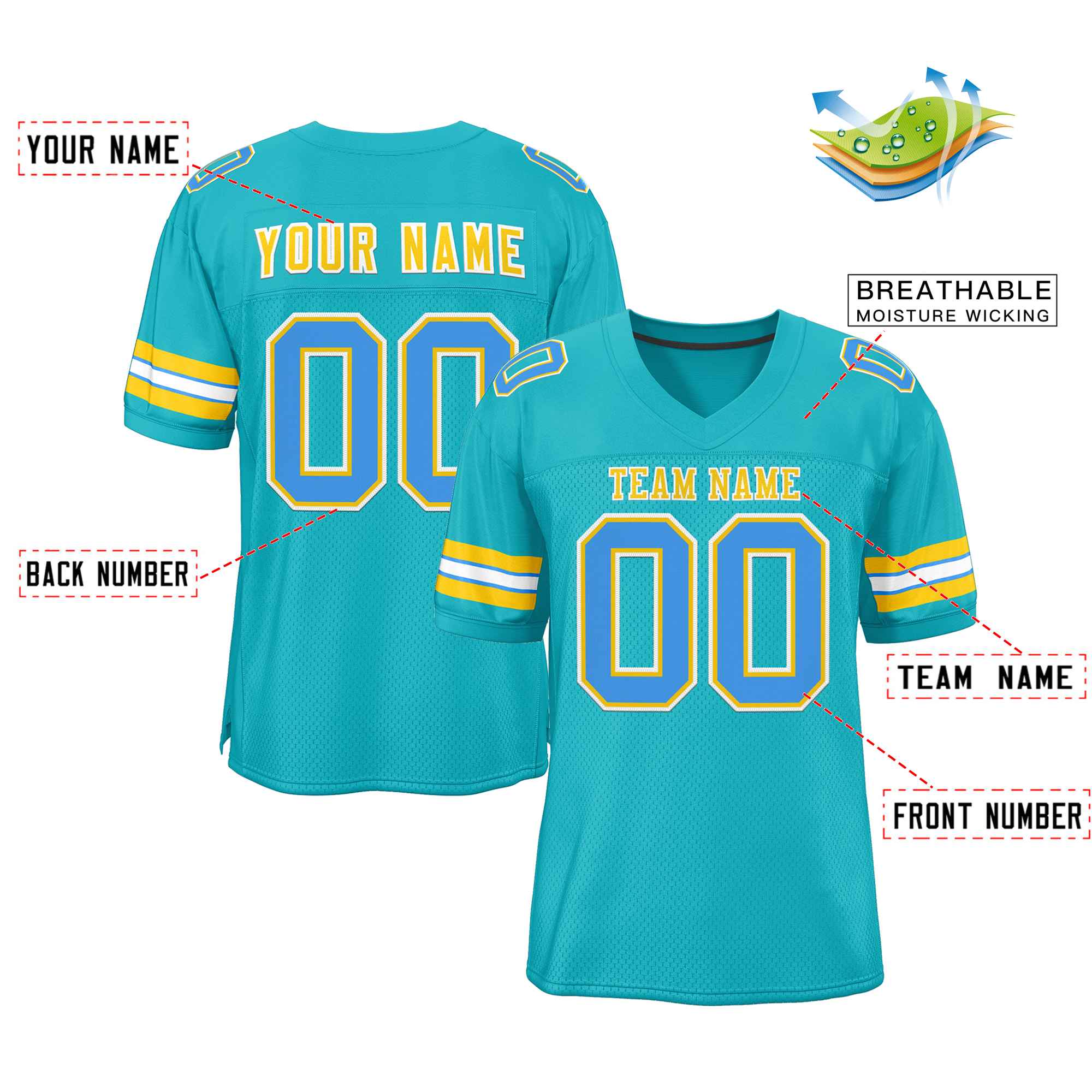 Custom Aqua Gold-White Classic Style Authentic American Football Jersey| KXKSHOP