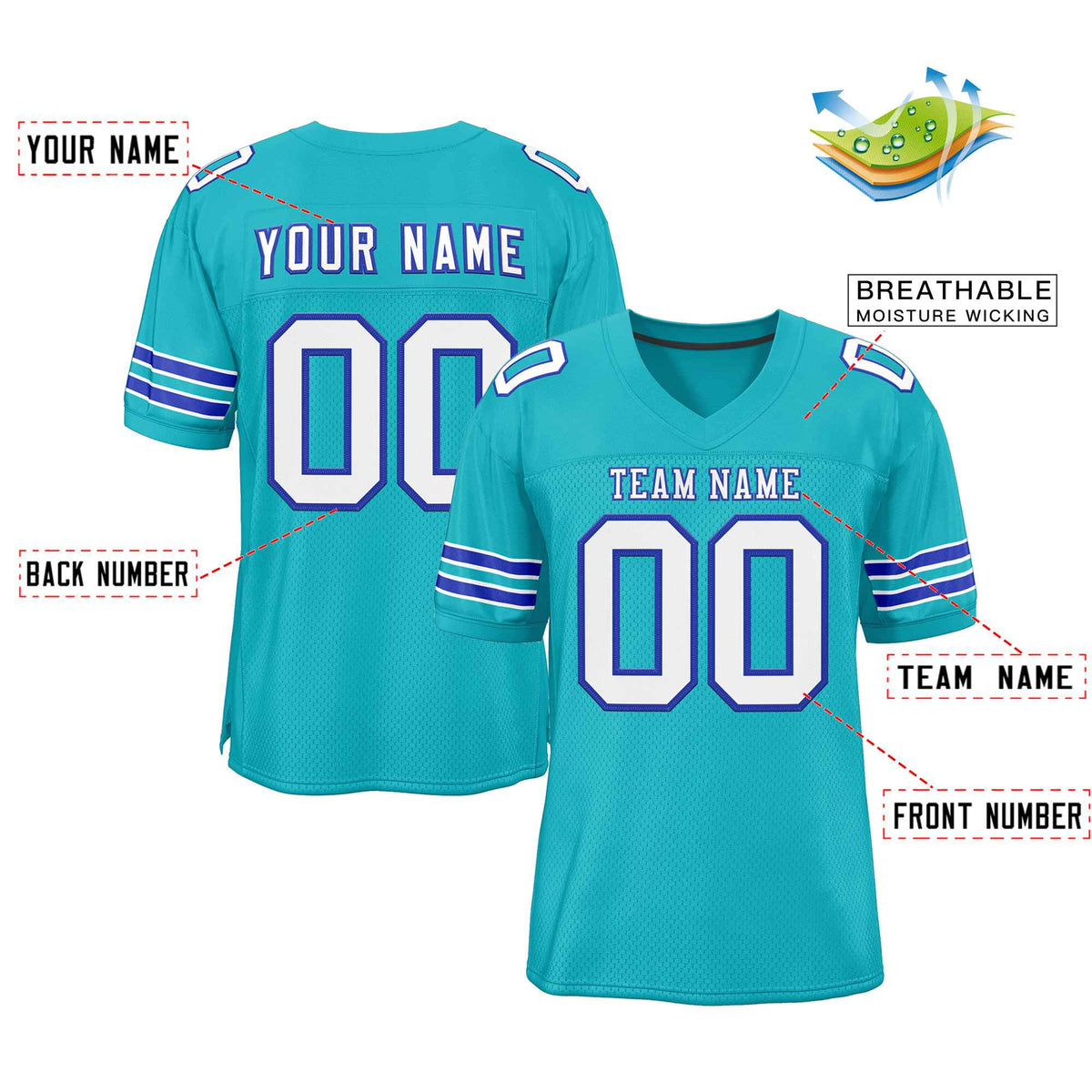Custom Aqua Royal-White Classic Style Authentic American Football Jersey| KXKSHOP