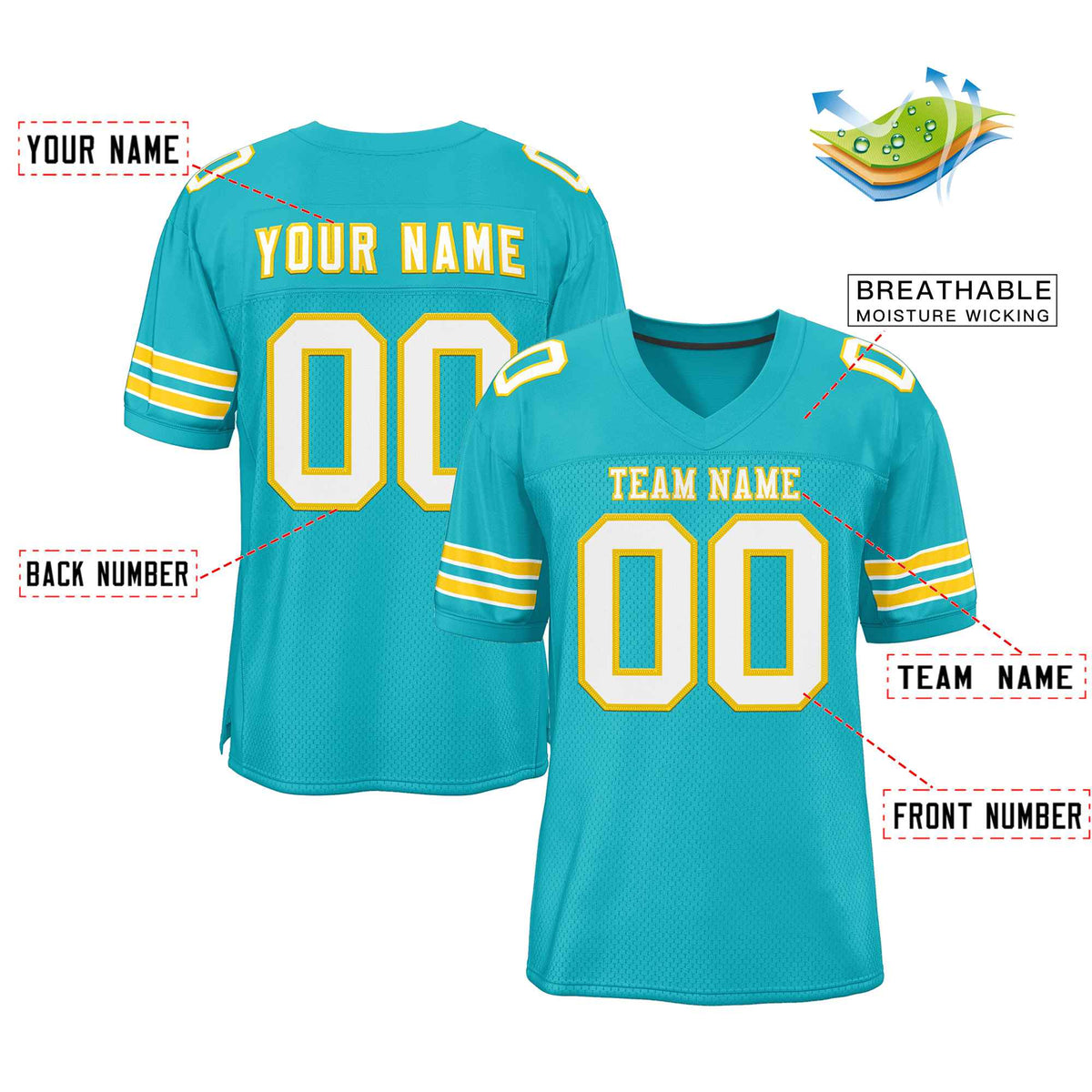Custom Aqua White-Gold Classic Style Authentic American Football Jersey| KXKSHOP