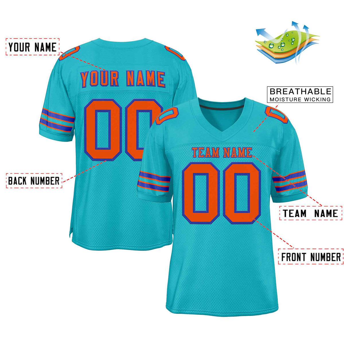 Custom Aqua Orange-Royal Classic Style Authentic American Football Jersey| KXKSHOP