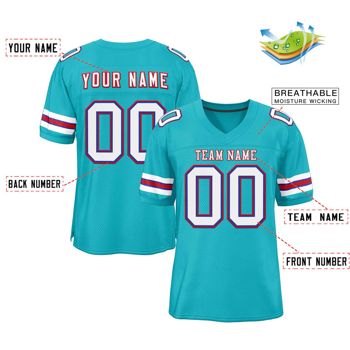 Custom Aqua White-Red Classic Style Authentic American Football Jersey| KXKSHOP