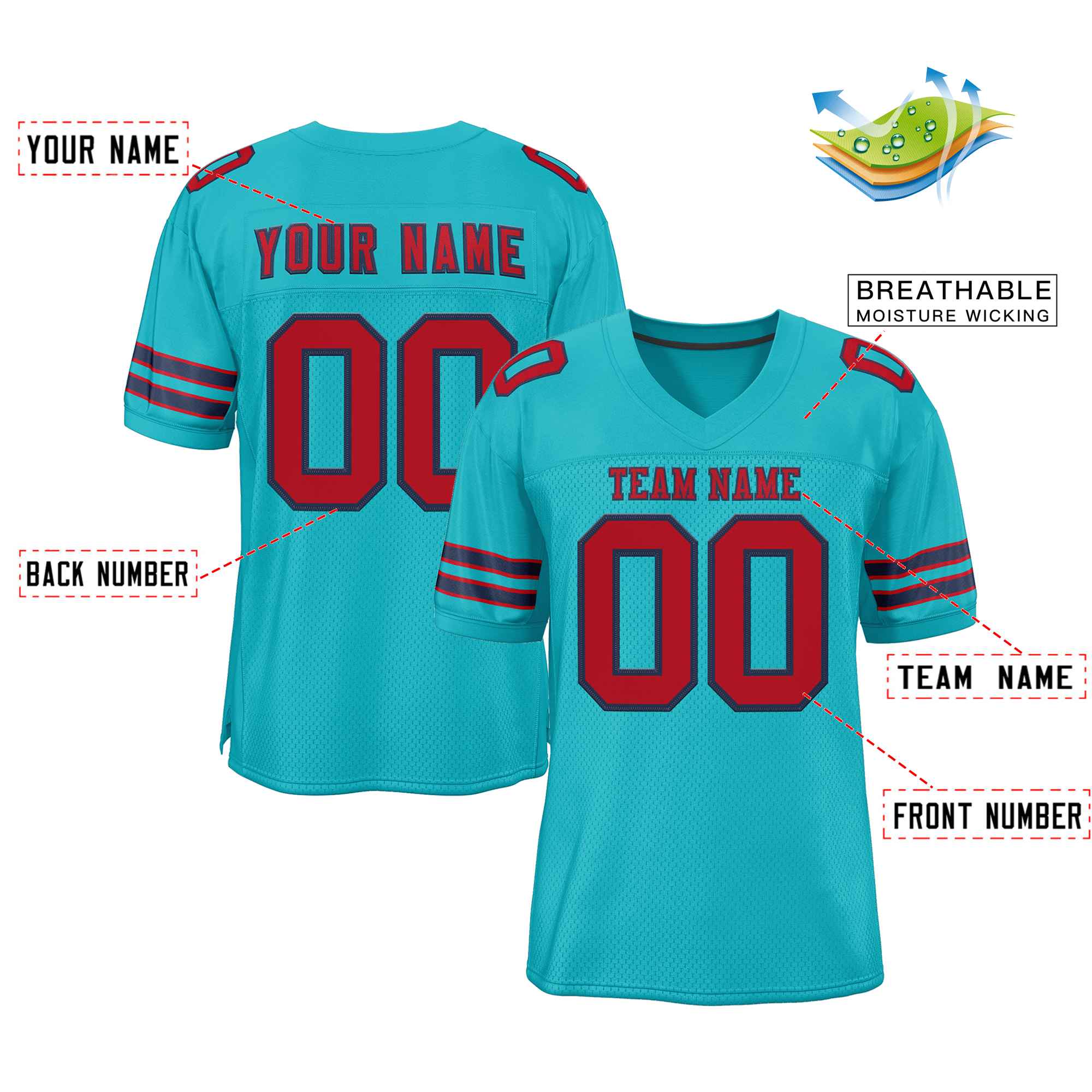 Custom Aqua Red-Navy Classic Style Authentic American Football Jersey| KXKSHOP