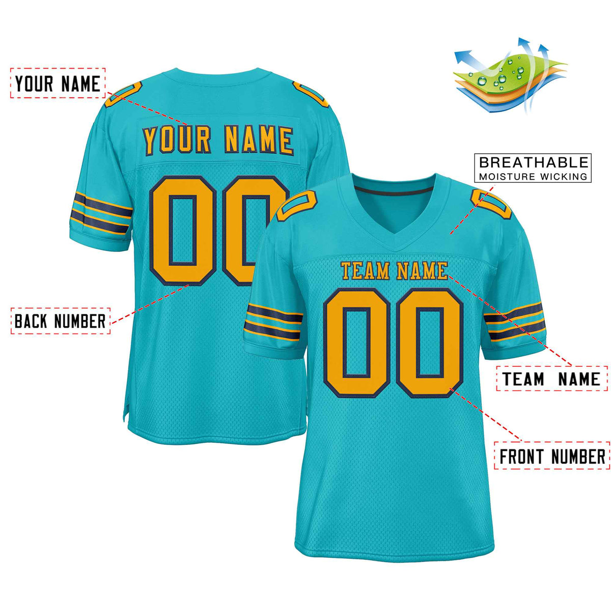 Custom Aqua Navy-Yellow Classic Style Authentic American Football Jersey| KXKSHOP