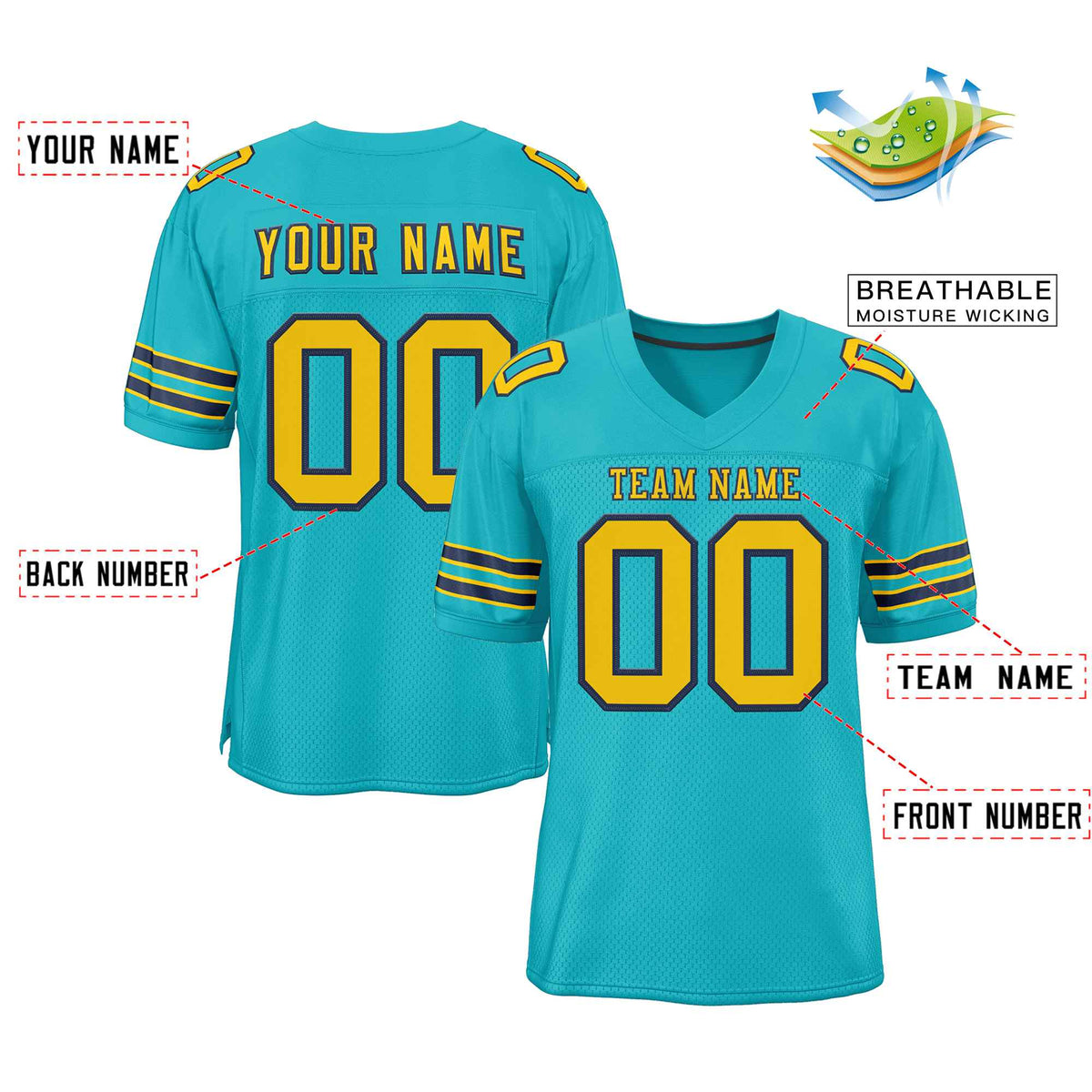 Custom Aqua Gold-Navy Classic Style Authentic American Football Jersey| KXKSHOP