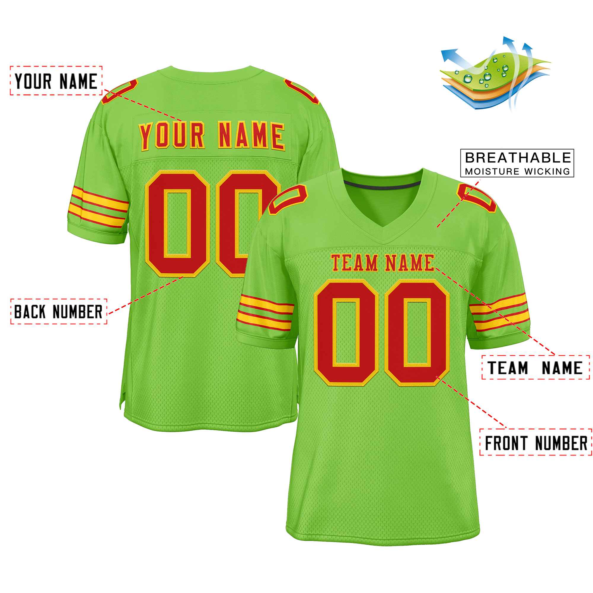 Custom Neon Green Red-Gold Classic Style Authentic American Football Jersey| KXKSHOP