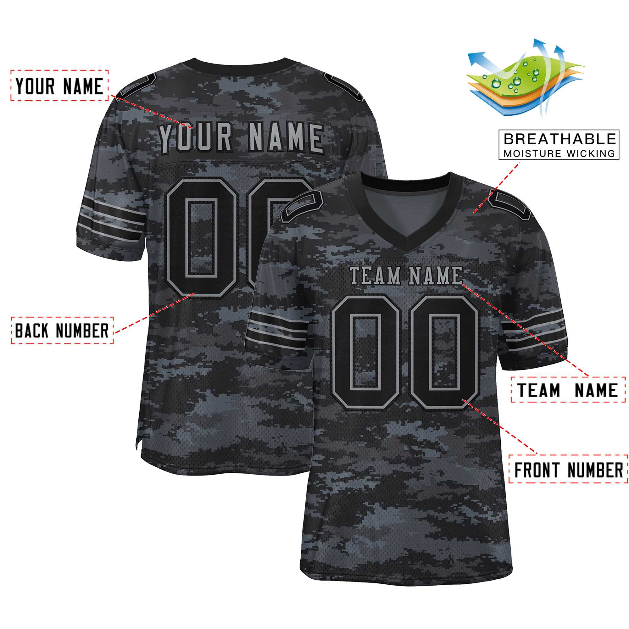 Custom Camo Black-Gray Mesh Authentic American Football Jersey| KXKSHOP